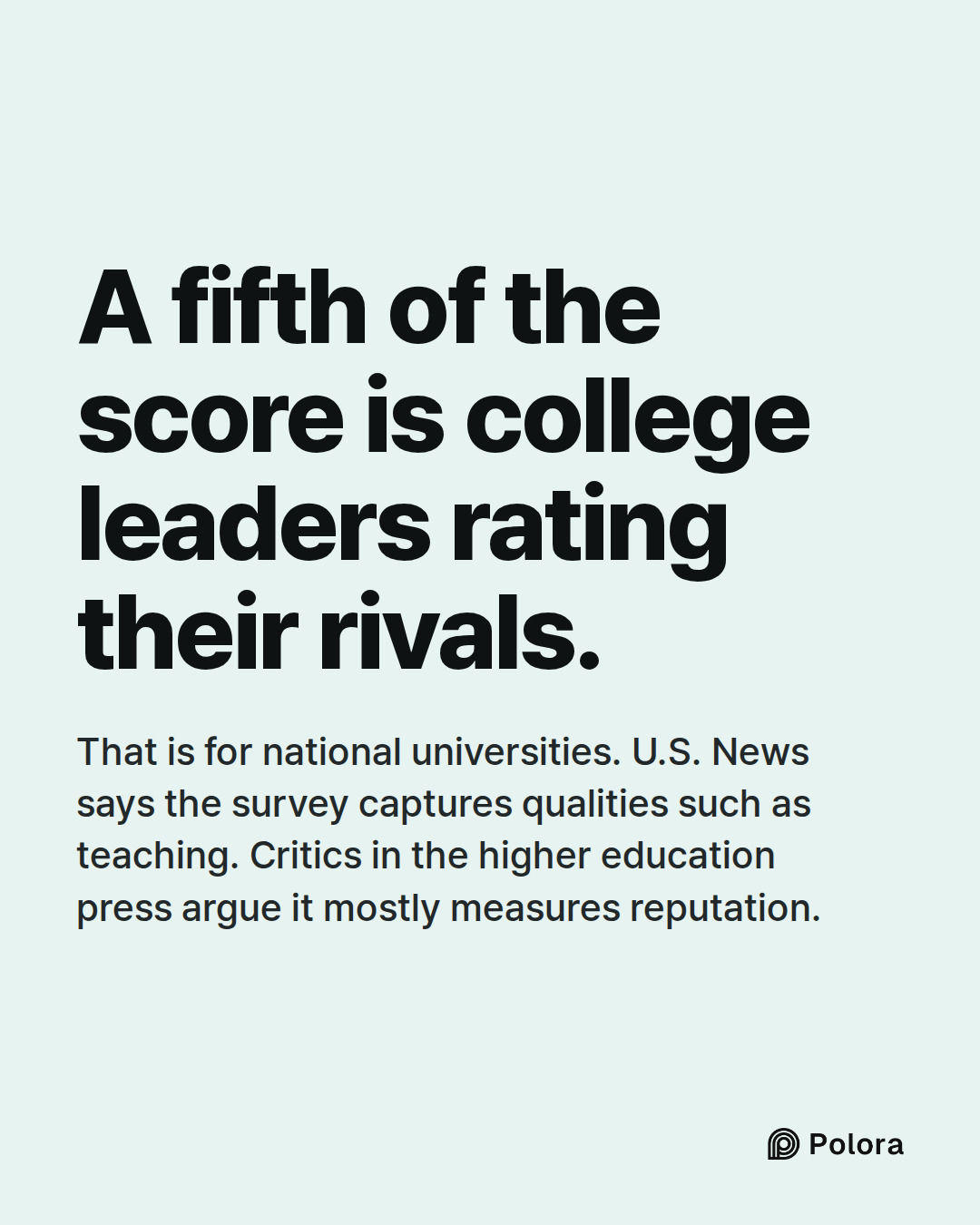 A fifth of the score is college leaders rating their rivals. · That is for national universities. U.S. News says the survey captures qualities such as teaching. Critics in the higher education press argue it mostly measures reputation.