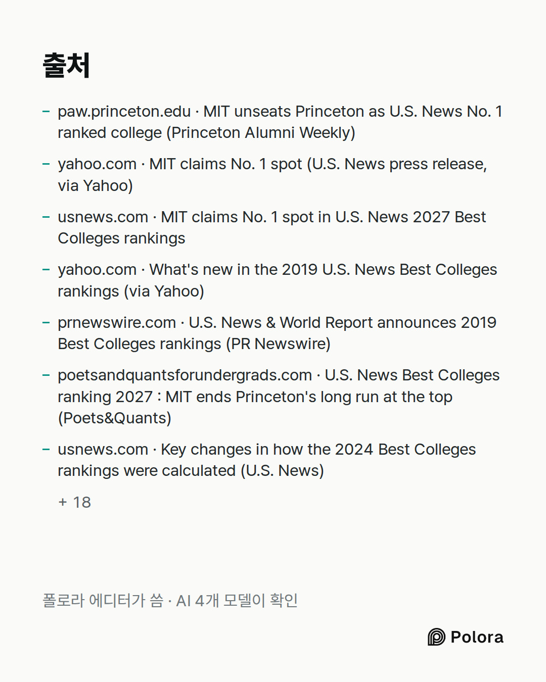 출처 25 : paw.princeton.edu · MIT unseats Princeton as U.S. News No. 1 ranked college (Princeton Alumni Weekly), yahoo.com · MIT claims No. 1 spot (U.S. News press release, via Yahoo), usnews.com · MIT claims No. 1 spot in U.S. News 2027 Best Colleges rankings + 22