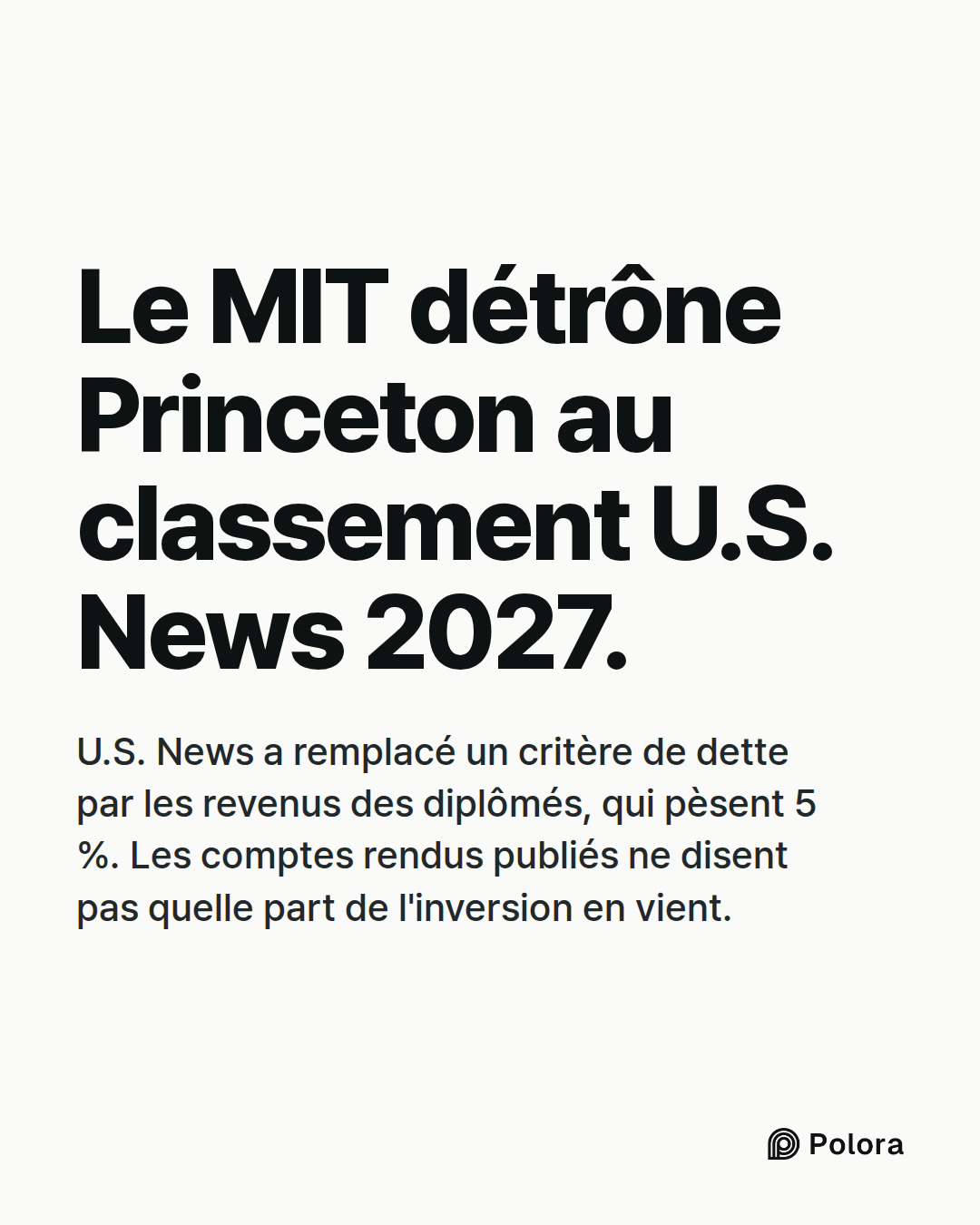 Le MIT détrône Princeton au classement U.S. News 2027. · U.S. News a remplacé un critère de dette par les revenus des diplômés, qui pèsent 5 %. Les comptes rendus publiés ne disent pas quelle part de l'inversion en vient.