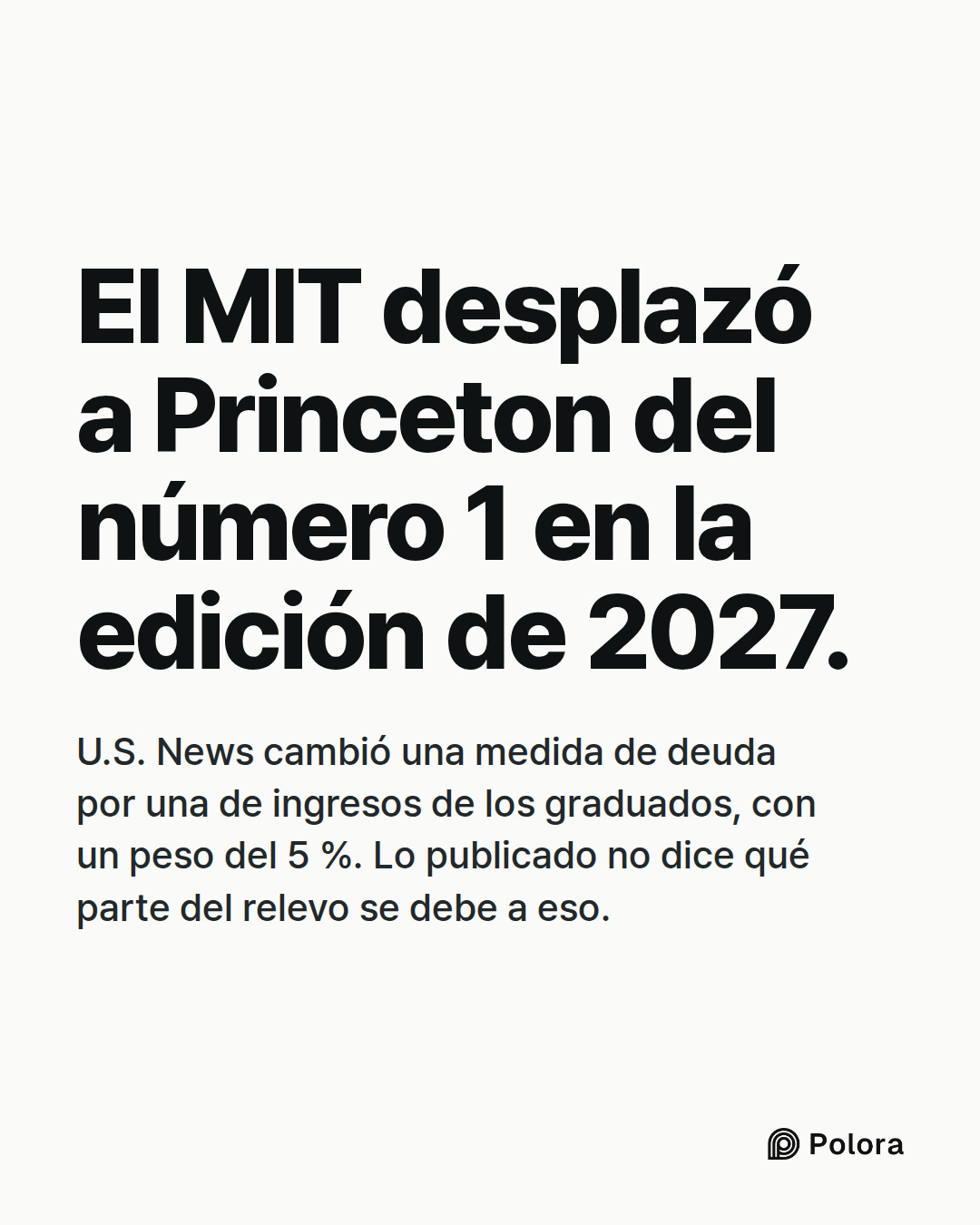 El MIT desplazó a Princeton del número 1 en la edición de 2027. · U.S. News cambió una medida de deuda por una de ingresos de los graduados, con un peso del 5 %. Lo publicado no dice qué parte del relevo se debe a eso.