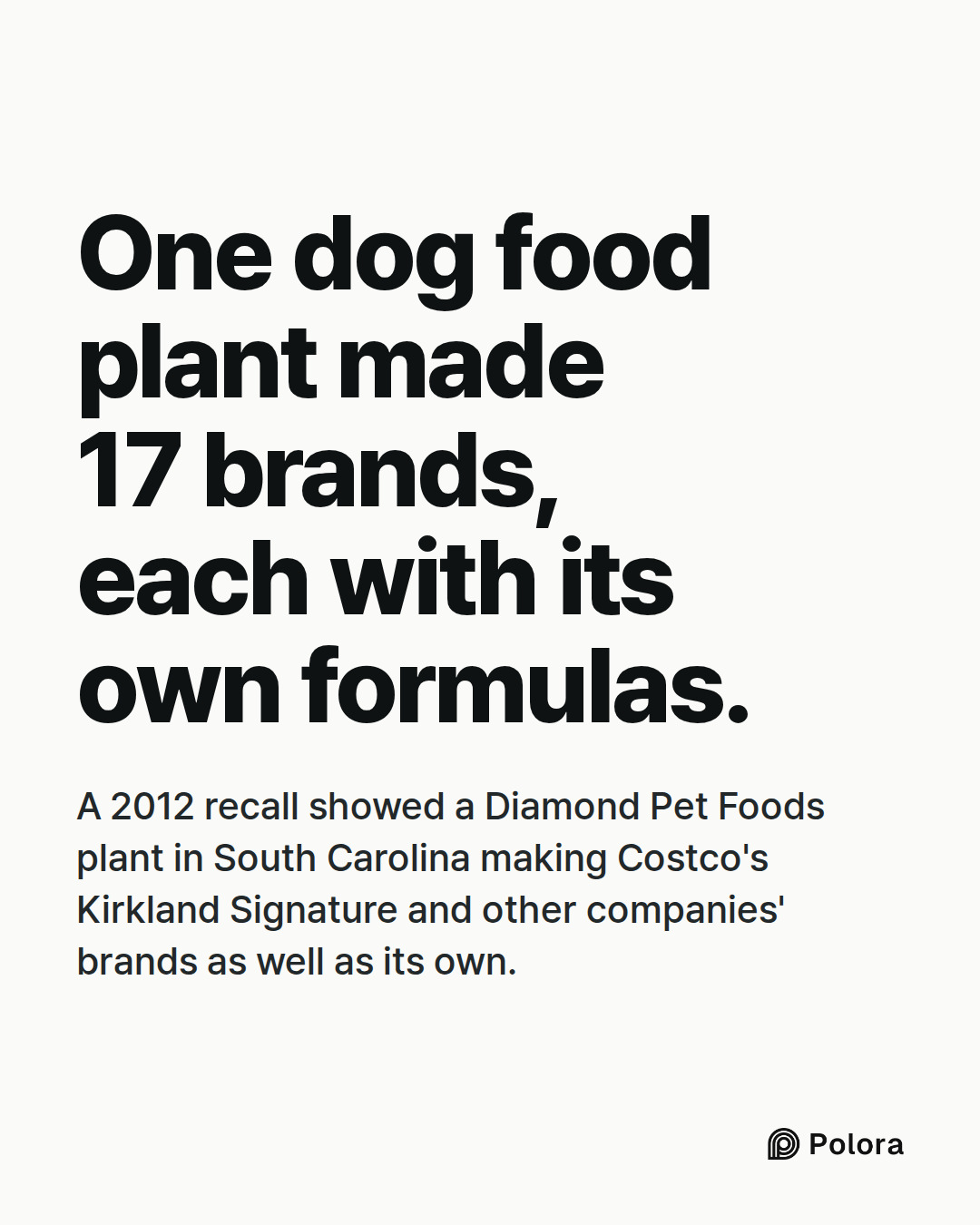 One dog food plant made 17 brands, each with its own formulas. · A 2012 recall showed a Diamond Pet Foods plant in South Carolina making Costco's Kirkland Signature and other companies' brands as well as its own.