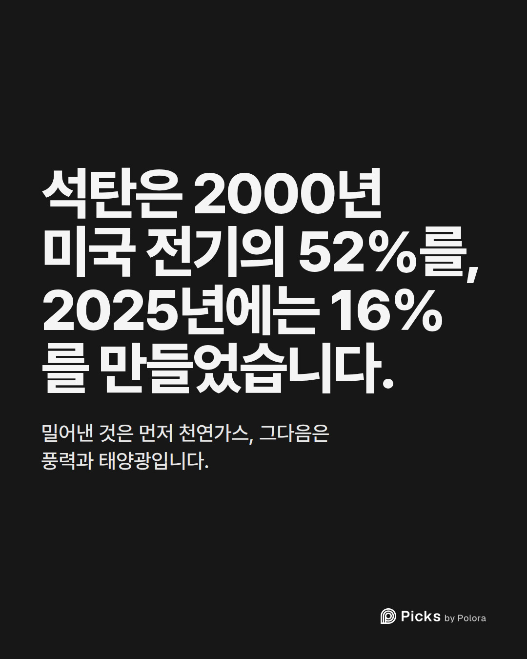 석탄은 2000년 미국 전기의 52%를, 2025년에는 16%를 만들었습니다. · 밀어낸 것은 먼저 천연가스, 그다음은 풍력과 태양광입니다.