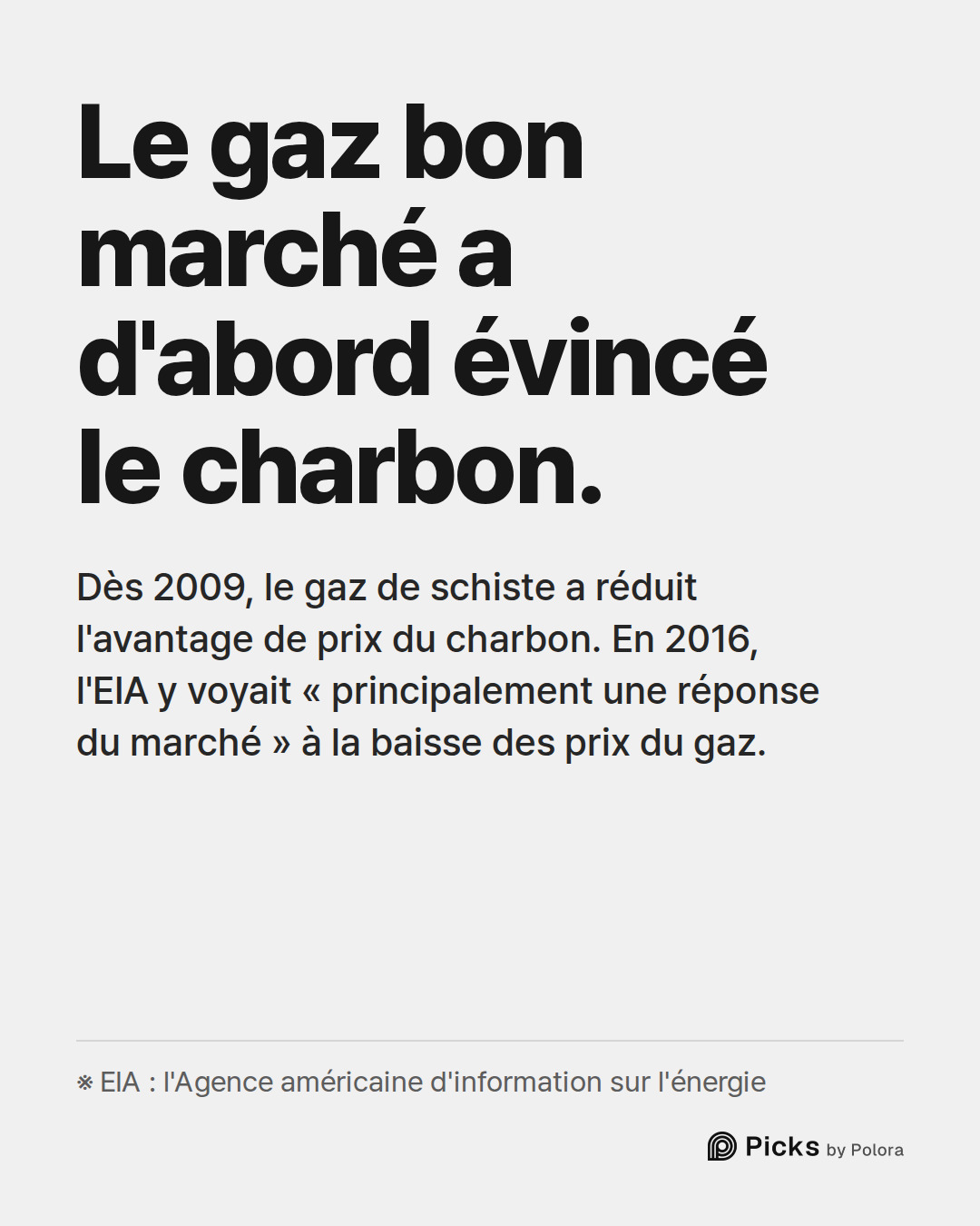 Le gaz bon marché a d'abord évincé le charbon. · Dès 2009, le gaz de schiste a réduit l'avantage de prix du charbon. En 2016, l'EIA y voyait « principalement une réponse du marché » à la baisse des prix du gaz. · ※ EIA : l'Agence américaine d'information sur l'énergie
