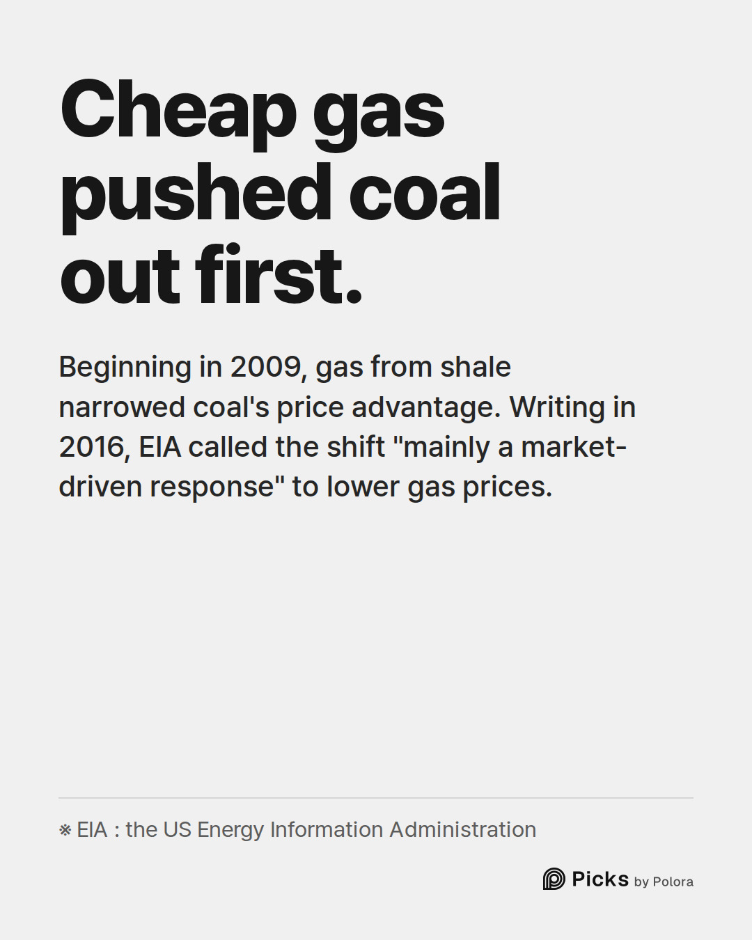 Cheap gas pushed coal out first. · Beginning in 2009, gas from shale narrowed coal's price advantage. Writing in 2016, EIA called the shift "mainly a market-driven response" to lower gas prices. · ※ EIA : the US Energy Information Administration