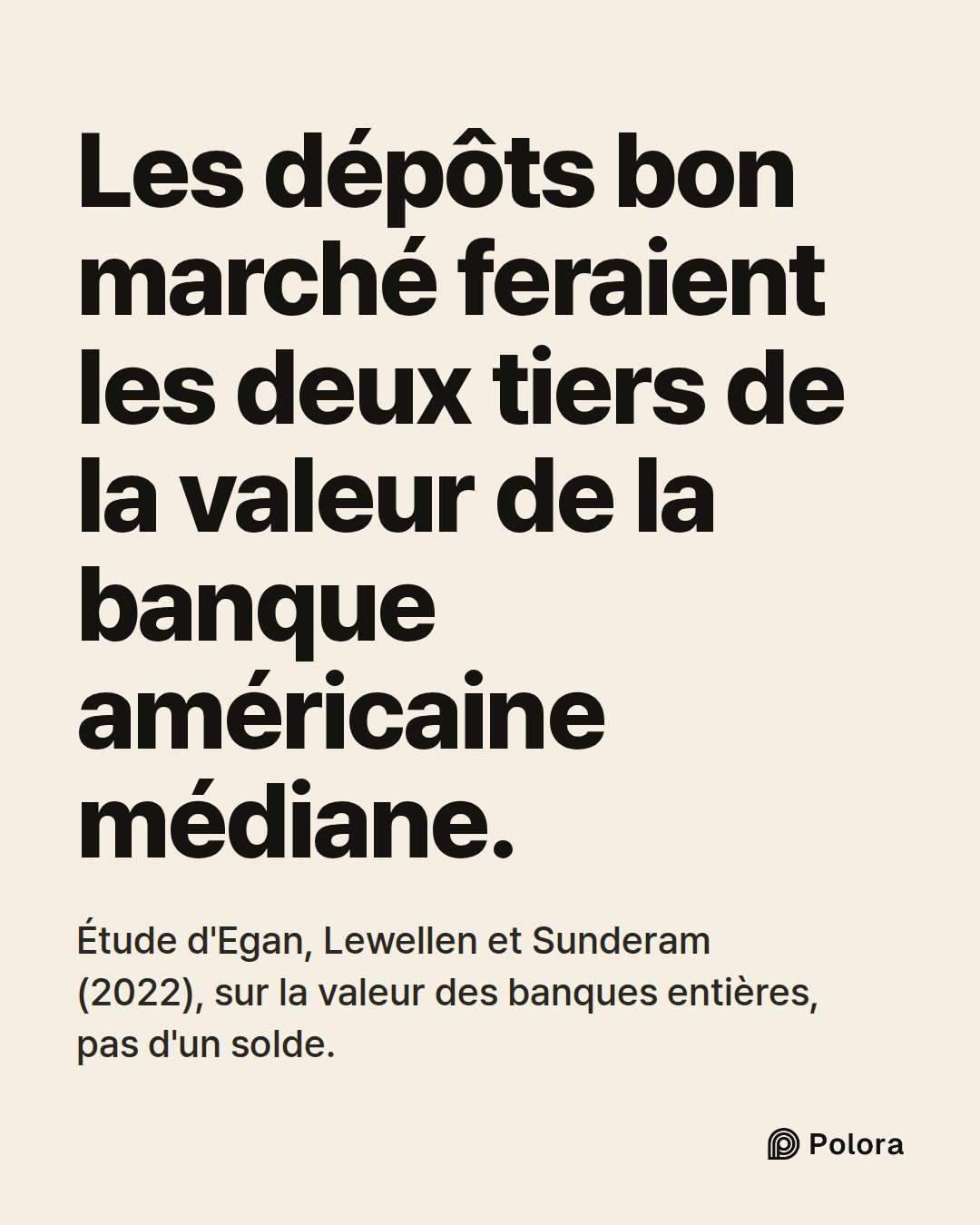 Les dépôts bon marché feraient les deux tiers de la valeur de la banque américaine médiane. · Étude d'Egan, Lewellen et Sunderam (2022), sur la valeur des banques entières, pas d'un solde.