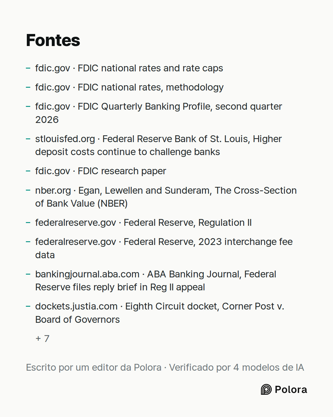 Fontes 17 : fdic.gov · FDIC national rates and rate caps, fdic.gov · FDIC national rates, methodology, fdic.gov · FDIC Quarterly Banking Profile, second quarter 2026 + 14