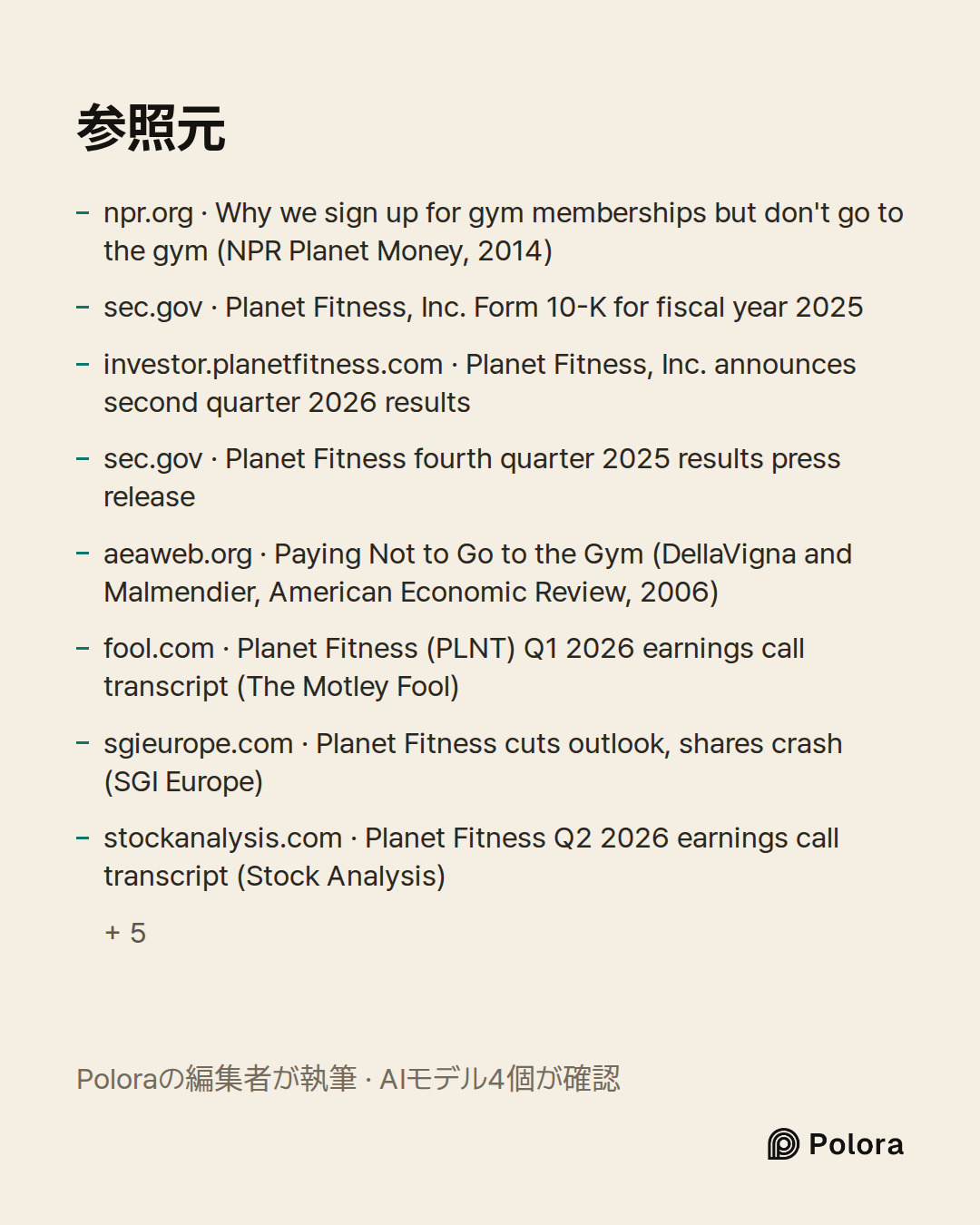 出典 13 : npr.org · Why we sign up for gym memberships but don't go to the gym (NPR Planet Money, 2014), sec.gov · Planet Fitness, Inc. Form 10-K for fiscal year 2025, investor.planetfitness.com · Planet Fitness, Inc. announces second quarter 2026 results + 10