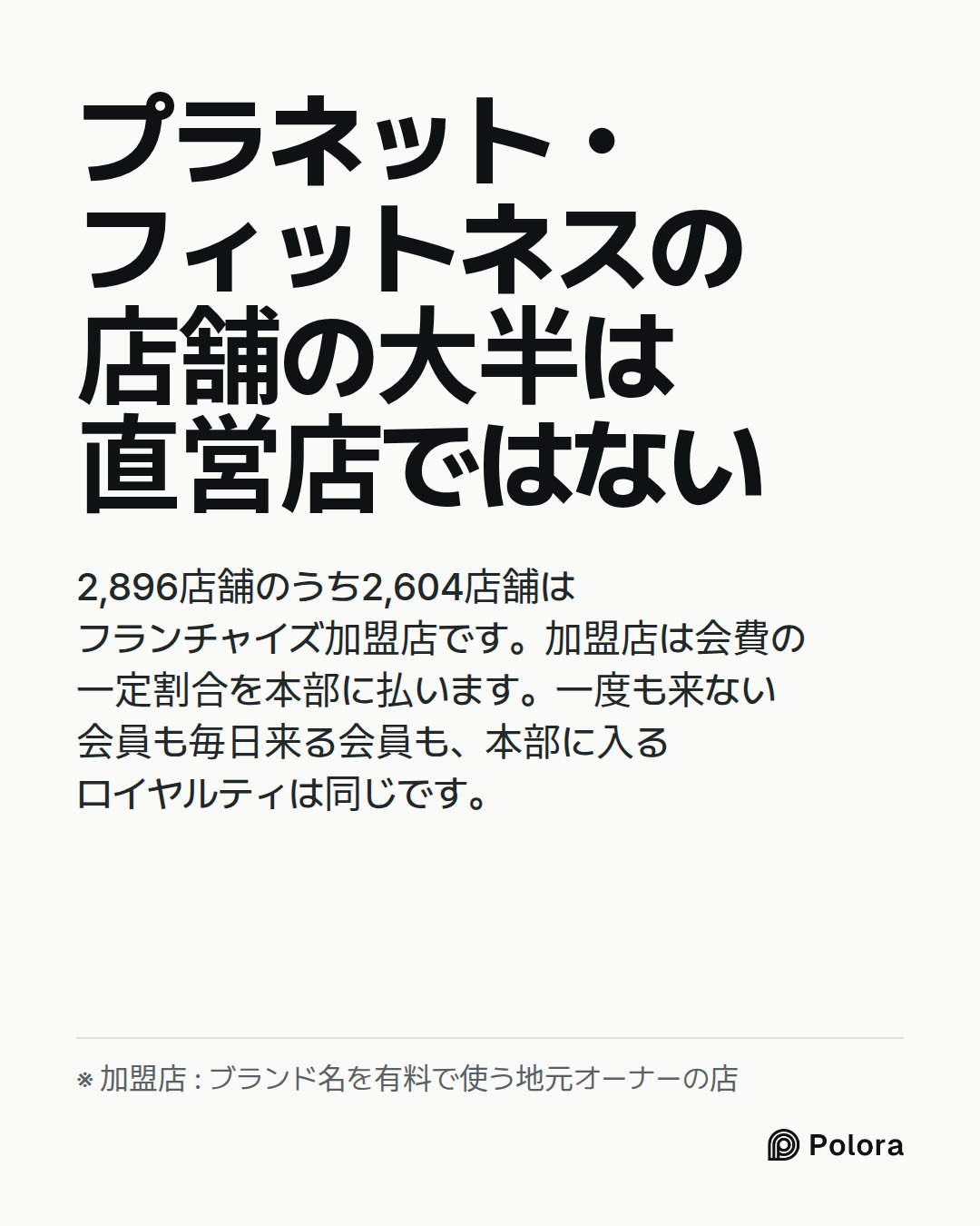 プラネット・フィットネスの店舗の大半は直営店ではない · 2,896店舗のうち2,604店舗はフランチャイズ加盟店です。加盟店は会費の一定割合を本部に払います。一度も来ない会員も毎日来る会員も、本部に入るロイヤルティは同じです。 · ※ 加盟店 : ブランド名を有料で使う地元オーナーの店
