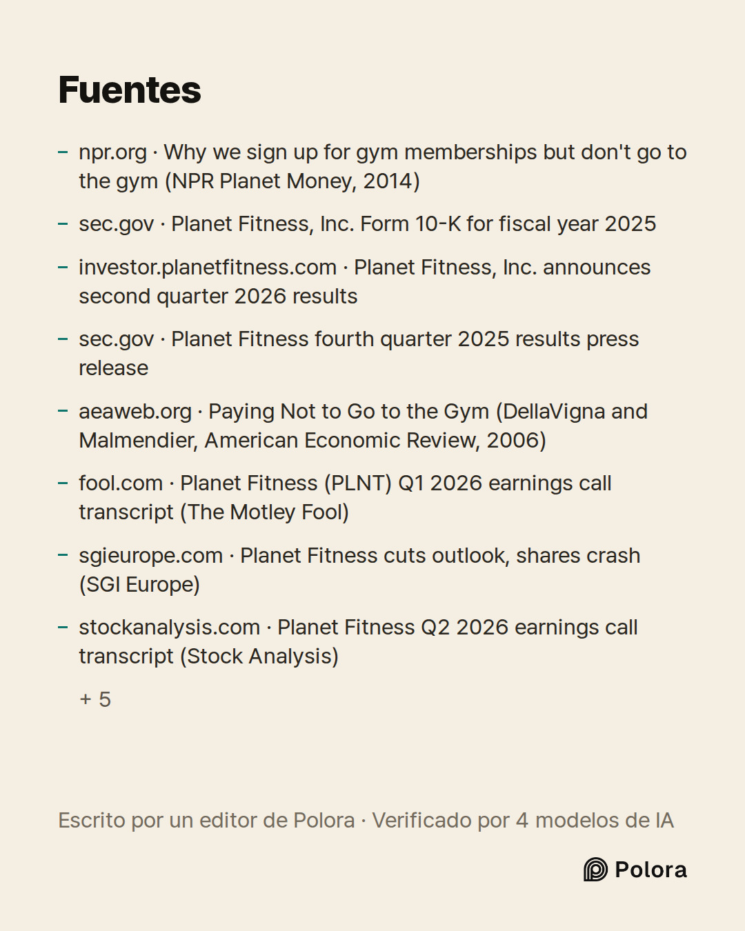 Fuentes 13 : npr.org · Why we sign up for gym memberships but don't go to the gym (NPR Planet Money, 2014), sec.gov · Planet Fitness, Inc. Form 10-K for fiscal year 2025, investor.planetfitness.com · Planet Fitness, Inc. announces second quarter 2026 results + 10