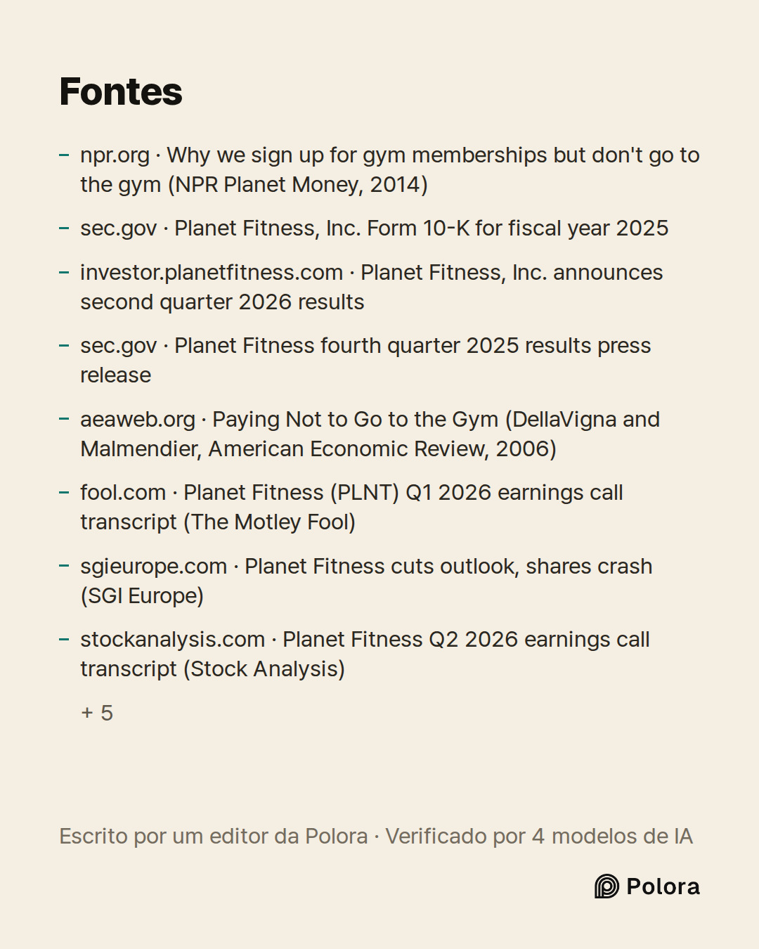 Fontes 13 : npr.org · Why we sign up for gym memberships but don't go to the gym (NPR Planet Money, 2014), sec.gov · Planet Fitness, Inc. Form 10-K for fiscal year 2025, investor.planetfitness.com · Planet Fitness, Inc. announces second quarter 2026 results + 10