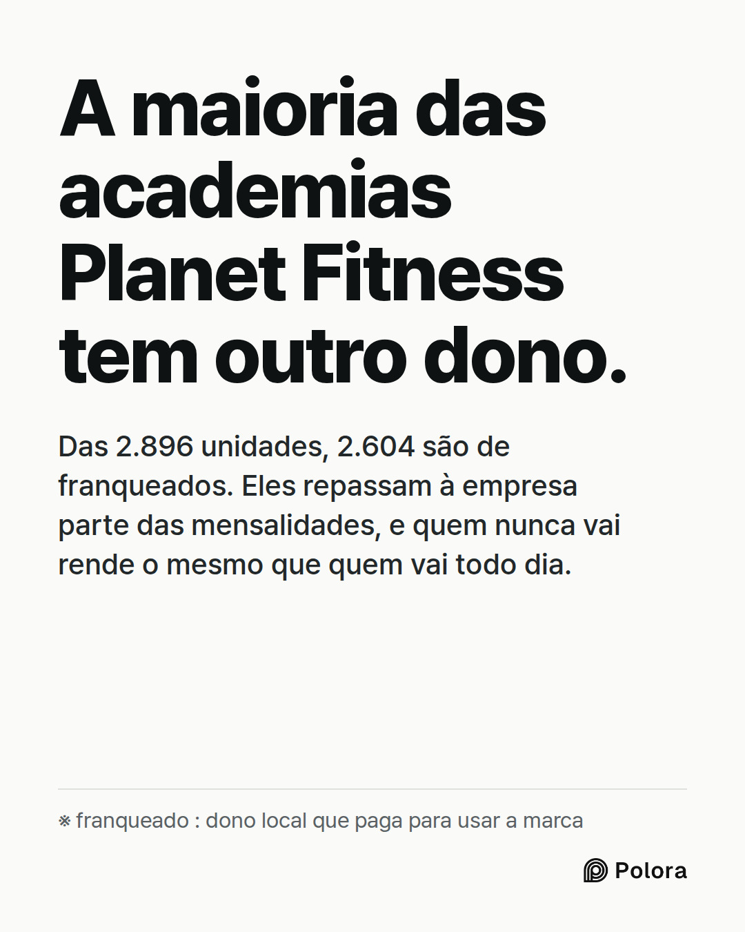 A maioria das academias Planet Fitness tem outro dono. · Das 2.896 unidades, 2.604 são de franqueados. Eles repassam à empresa parte das mensalidades, e quem nunca vai rende o mesmo que quem vai todo dia. · ※ franqueado : dono local que paga para usar a marca
