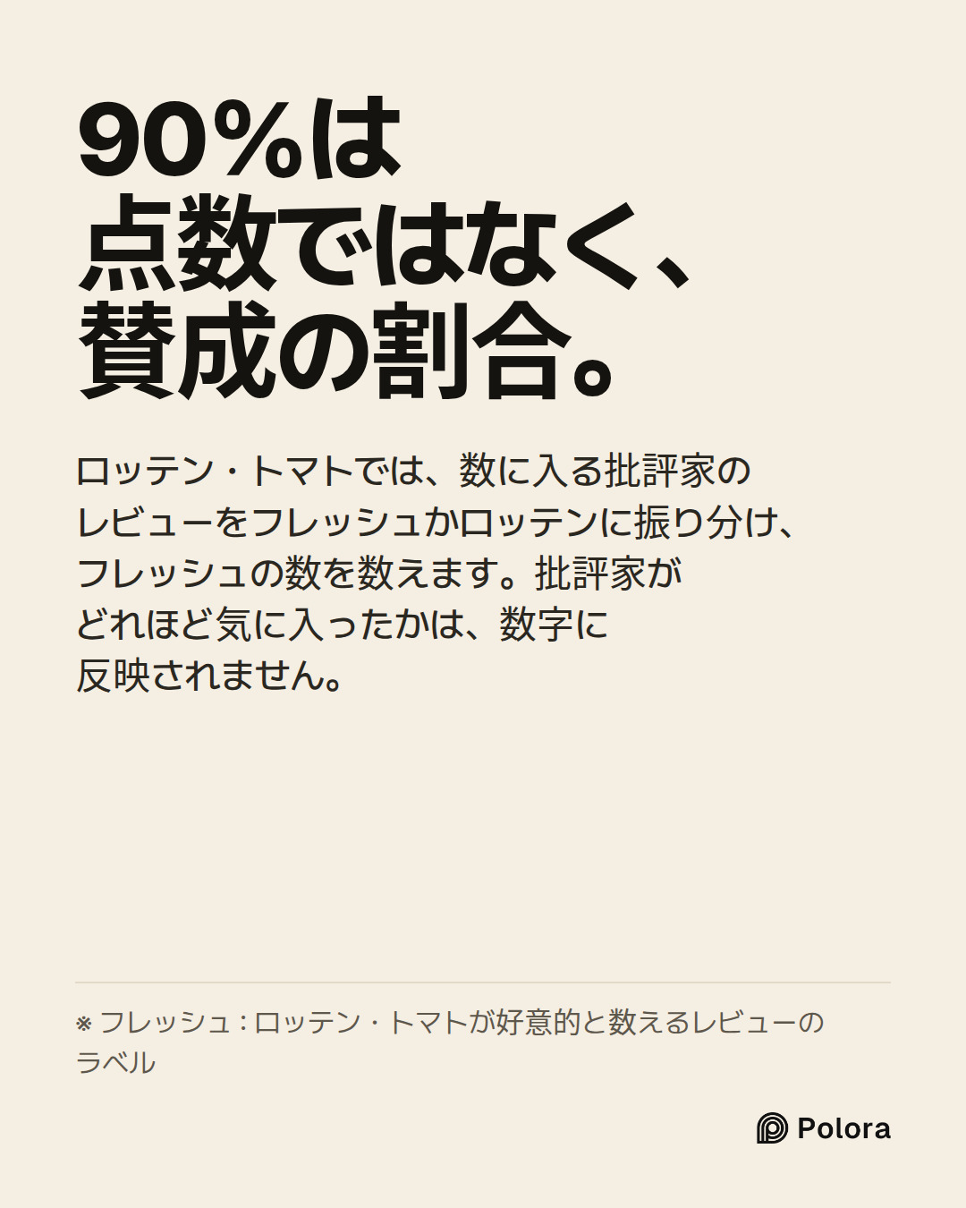 90%は点数ではなく、賛成の割合。 · ロッテン・トマトでは、数に入る批評家のレビューをフレッシュかロッテンに振り分け、フレッシュの数を数えます。批評家がどれほど気に入ったかは、数字に反映されません。 · ※ フレッシュ : ロッテン・トマトが好意的と数えるレビューのラベル