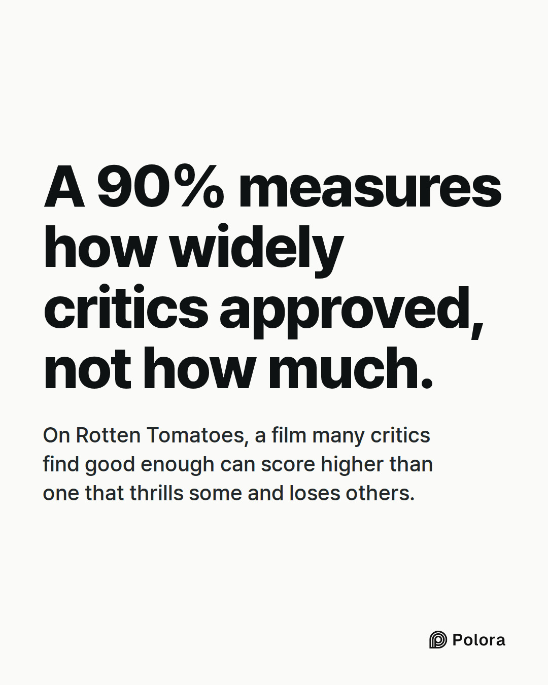 A 90% measures how widely critics approved, not how much. · On Rotten Tomatoes, a film many critics find good enough can score higher than one that thrills some and loses others.