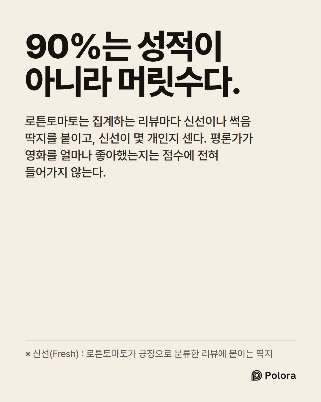 90%는 성적이 아니라 머릿수다. · 로튼토마토는 집계하는 리뷰마다 신선이나 썩음 딱지를 붙이고, 신선이 몇 개인지 센다. 평론가가 영화를 얼마나 좋아했는지는 점수에 전혀 들어가지 않는다. · ※ 신선(Fresh) : 로튼토마토가 긍정으로 분류한 리뷰에 붙이는 딱지