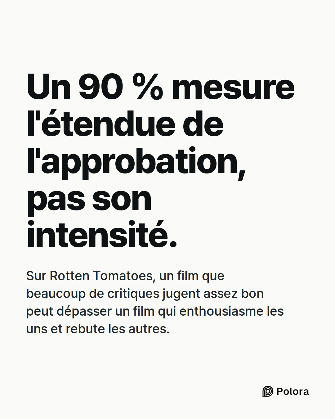 Un 90 % mesure l'étendue de l'approbation, pas son intensité. · Sur Rotten Tomatoes, un film que beaucoup de critiques jugent assez bon peut dépasser un film qui enthousiasme les uns et rebute les autres.