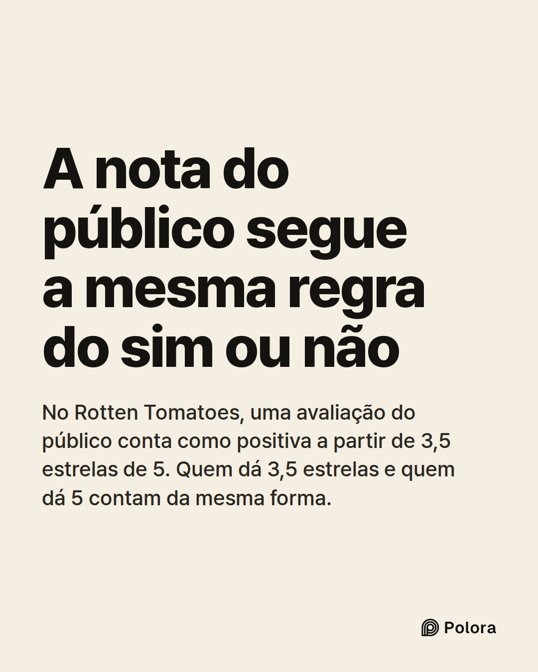 A nota do público segue a mesma regra do sim ou não · No Rotten Tomatoes, uma avaliação do público conta como positiva a partir de 3,5 estrelas de 5. Quem dá 3,5 estrelas e quem dá 5 contam da mesma forma.