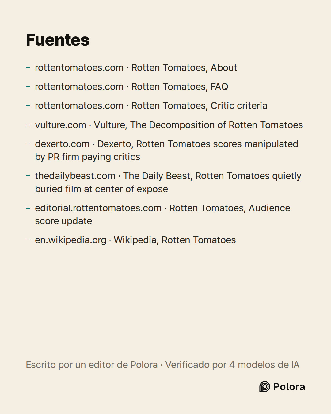 Fuentes 8 : rottentomatoes.com · Rotten Tomatoes, About, rottentomatoes.com · Rotten Tomatoes, FAQ, rottentomatoes.com · Rotten Tomatoes, Critic criteria + 5