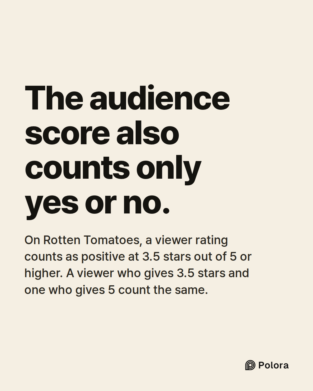 The audience score also counts only yes or no. · On Rotten Tomatoes, a viewer rating counts as positive at 3.5 stars out of 5 or higher. A viewer who gives 3.5 stars and one who gives 5 count the same.