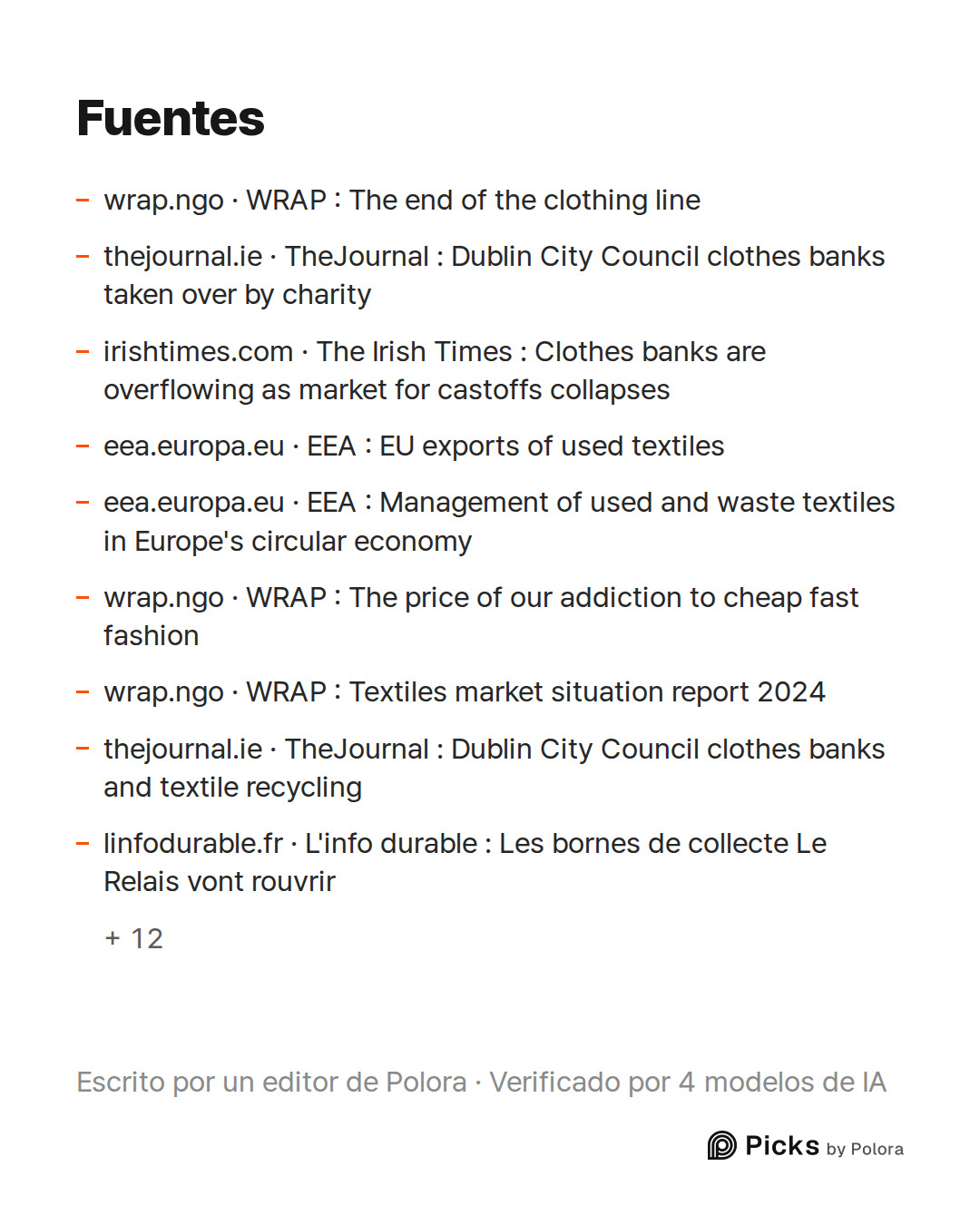 Fuentes 21 : wrap.ngo · WRAP : The end of the clothing line, thejournal.ie · TheJournal : Dublin City Council clothes banks taken over by charity, irishtimes.com · The Irish Times : Clothes banks are overflowing as market for castoffs collapses + 18