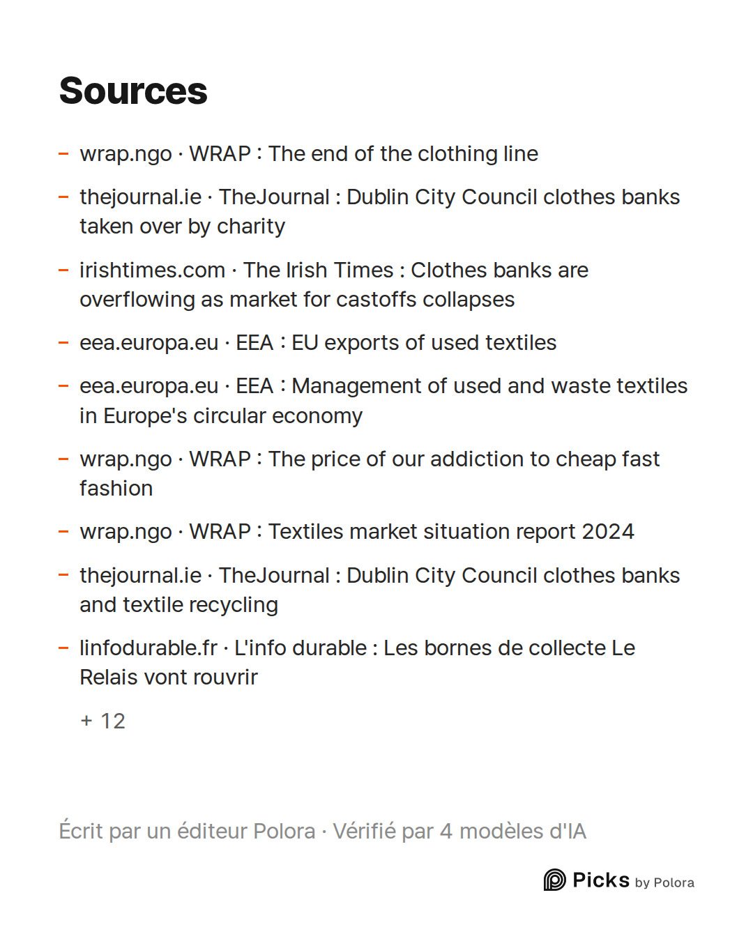 Sources 21 : wrap.ngo · WRAP : The end of the clothing line, thejournal.ie · TheJournal : Dublin City Council clothes banks taken over by charity, irishtimes.com · The Irish Times : Clothes banks are overflowing as market for castoffs collapses + 18