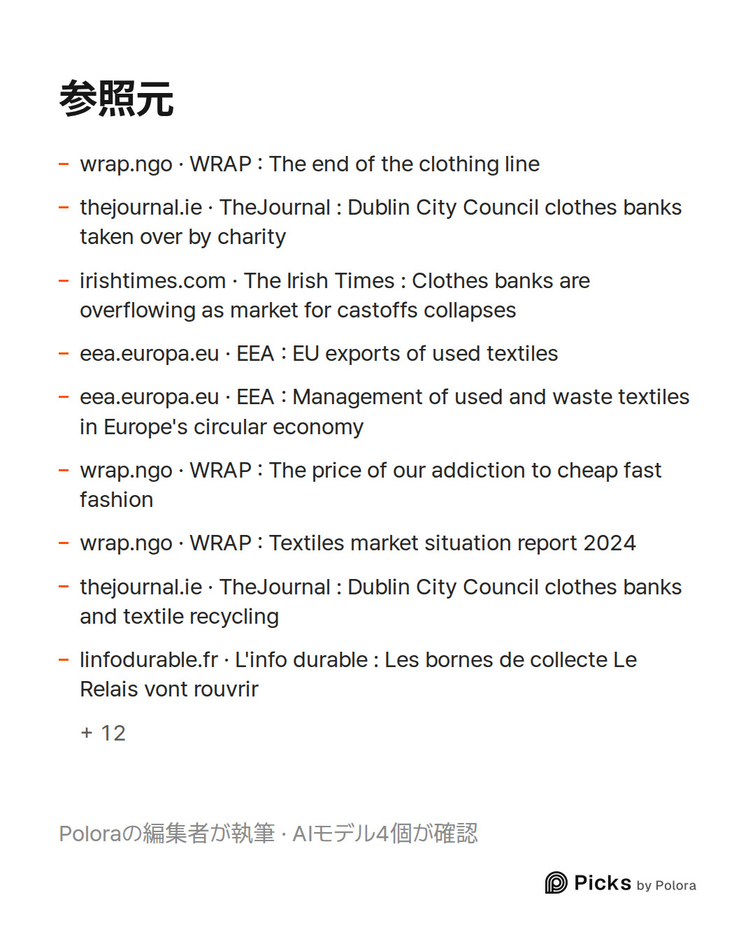 出典 21 : wrap.ngo · WRAP : The end of the clothing line, thejournal.ie · TheJournal : Dublin City Council clothes banks taken over by charity, irishtimes.com · The Irish Times : Clothes banks are overflowing as market for castoffs collapses + 18