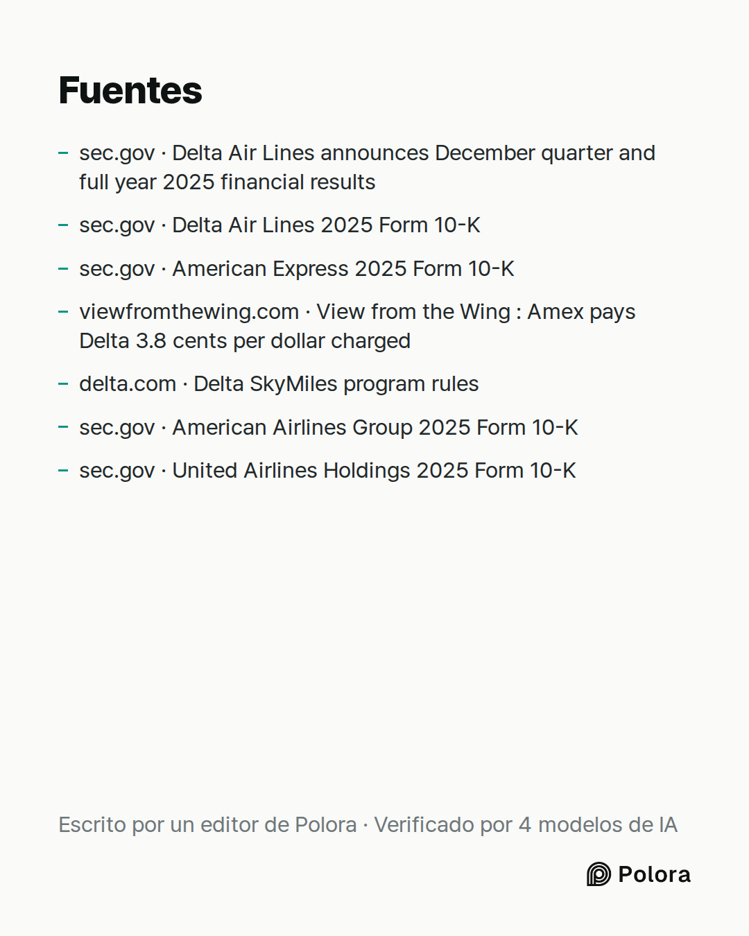 Fuentes 7 : sec.gov · Delta Air Lines announces December quarter and full year 2025 financial results, sec.gov · Delta Air Lines 2025 Form 10-K, sec.gov · American Express 2025 Form 10-K + 4