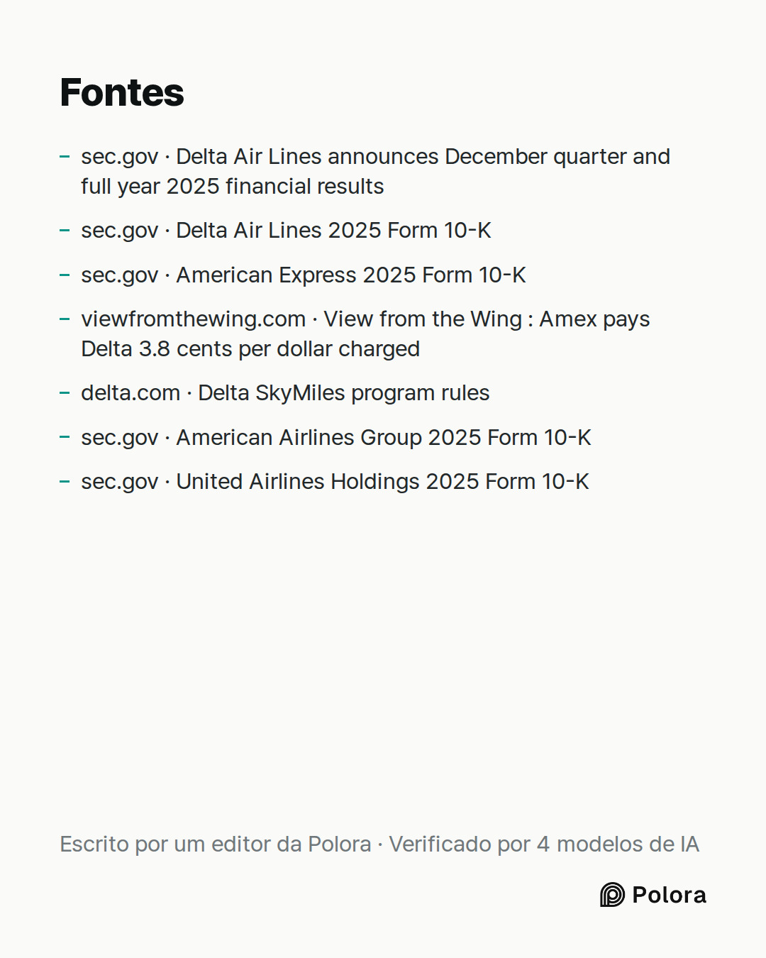 Fontes 7 : sec.gov · Delta Air Lines announces December quarter and full year 2025 financial results, sec.gov · Delta Air Lines 2025 Form 10-K, sec.gov · American Express 2025 Form 10-K + 4