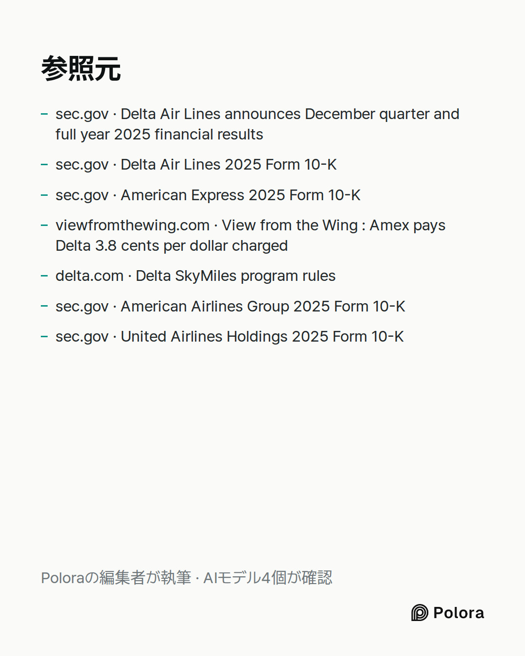 出典 7 : sec.gov · Delta Air Lines announces December quarter and full year 2025 financial results, sec.gov · Delta Air Lines 2025 Form 10-K, sec.gov · American Express 2025 Form 10-K + 4