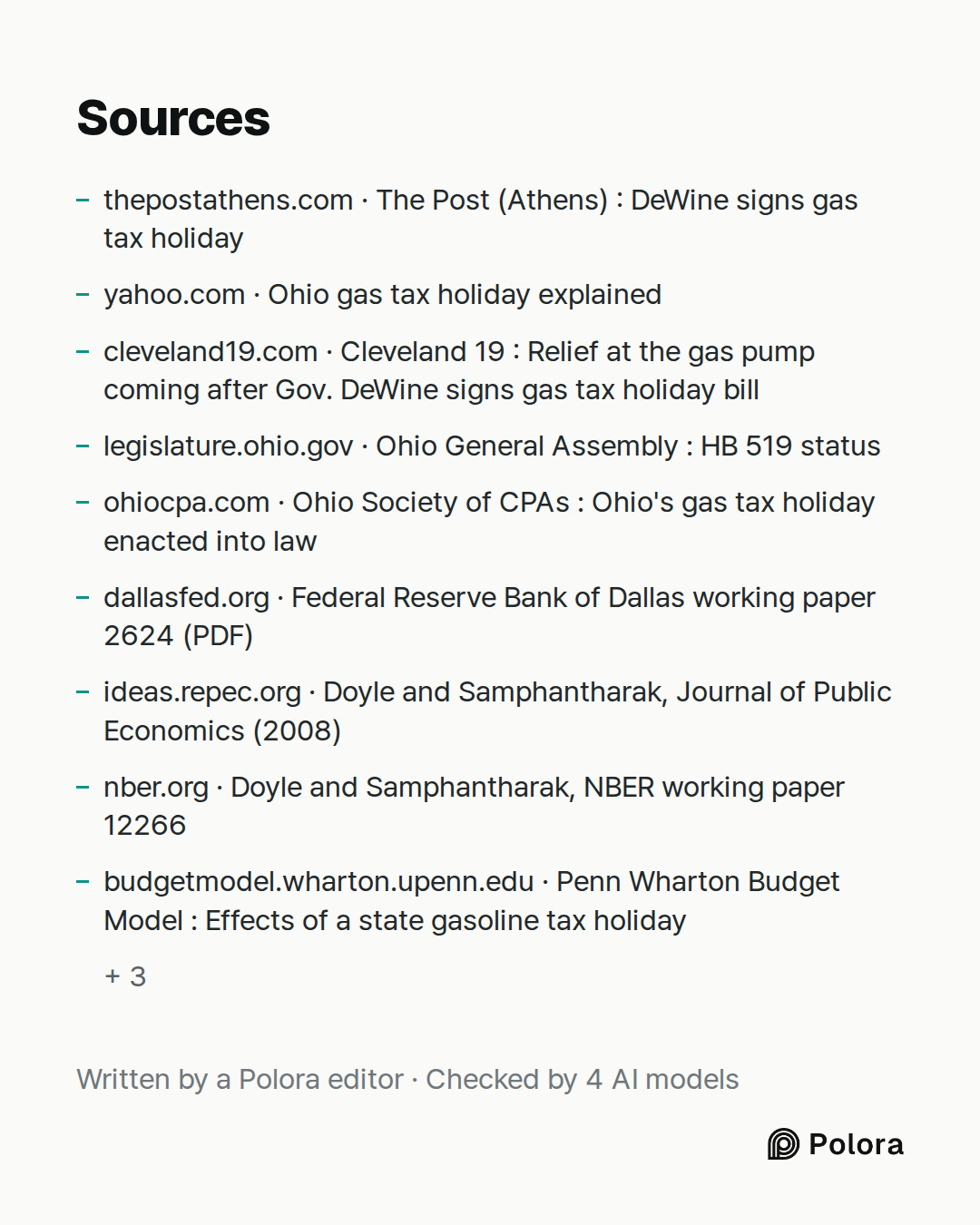 Sources 12 : thepostathens.com · The Post (Athens) : DeWine signs gas tax holiday, yahoo.com · Ohio gas tax holiday explained, cleveland19.com · Cleveland 19 : Relief at the gas pump coming after Gov. DeWine signs gas tax holiday bill + 9