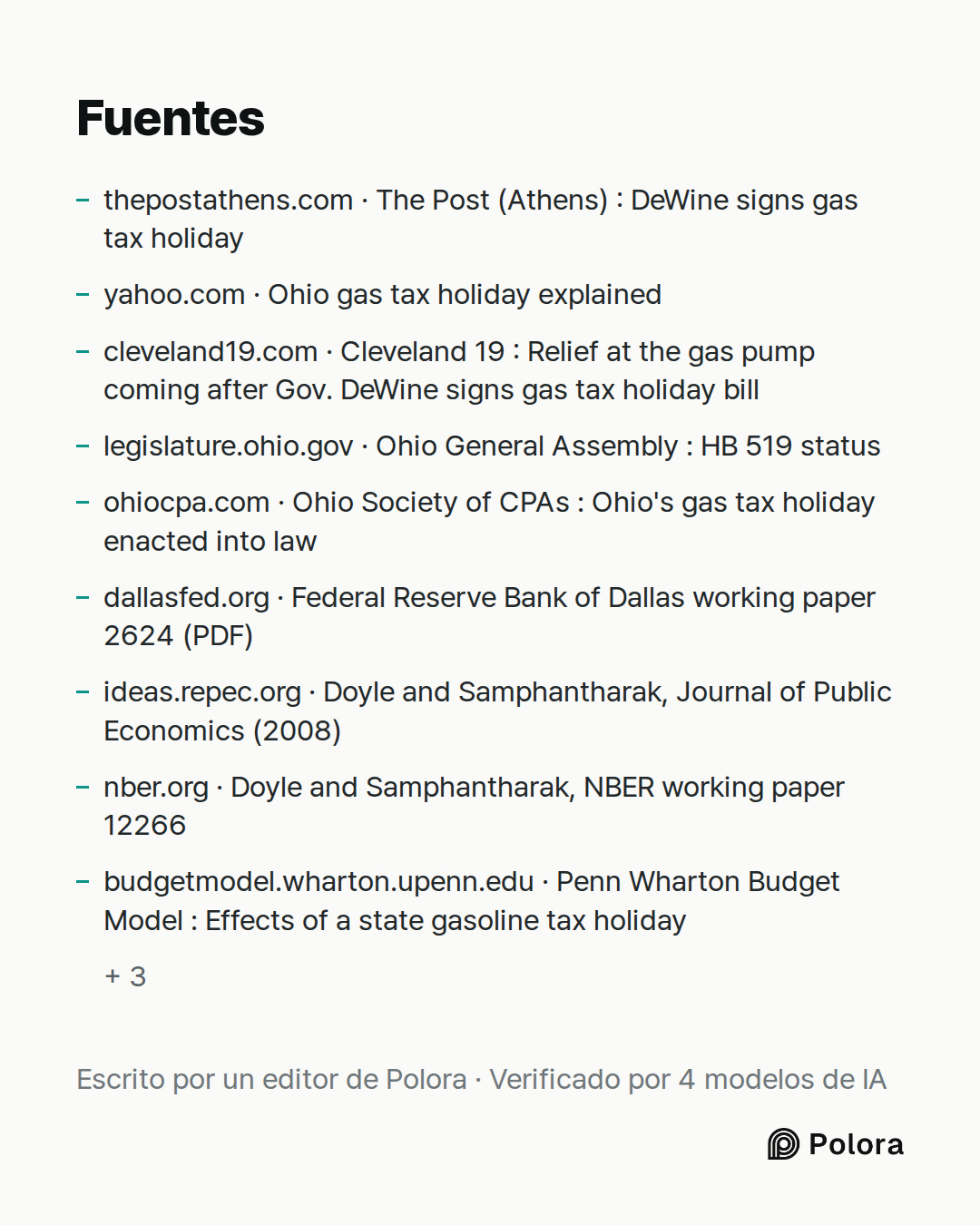 Fuentes 12 : thepostathens.com · The Post (Athens) : DeWine signs gas tax holiday, yahoo.com · Ohio gas tax holiday explained, cleveland19.com · Cleveland 19 : Relief at the gas pump coming after Gov. DeWine signs gas tax holiday bill + 9