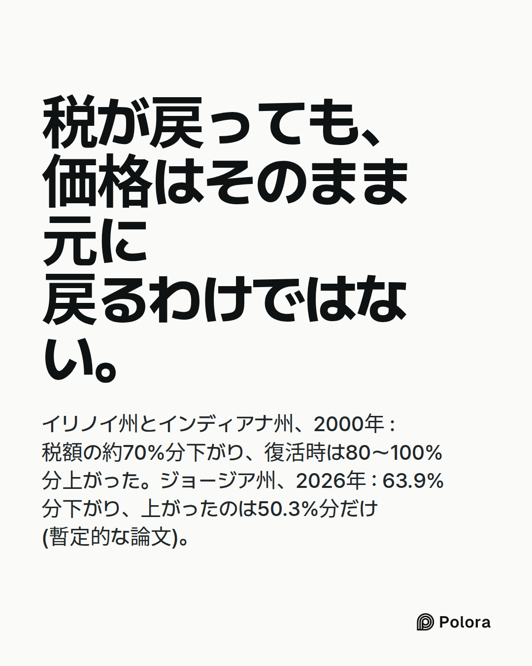 税が戻っても、価格はそのまま元に戻るわけではない。 · イリノイ州とインディアナ州、2000年 : 税額の約70%分下がり、復活時は80〜100%分上がった。ジョージア州、2026年 : 63.9%分下がり、上がったのは50.3%分だけ(暫定的な論文)。