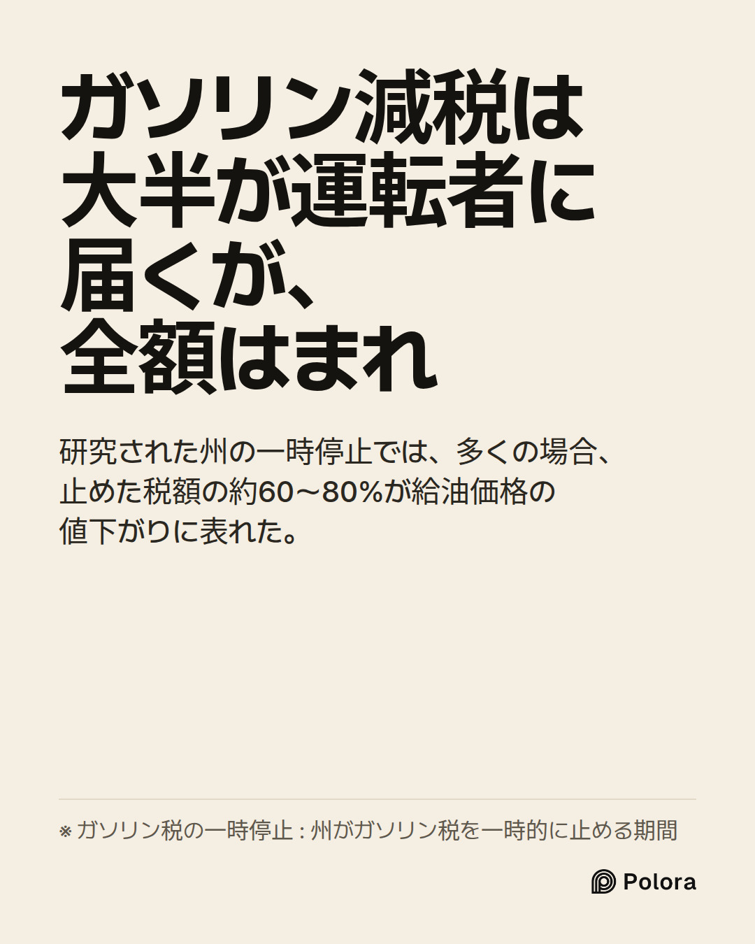 ガソリン減税は大半が運転者に届くが、全額はまれ · 研究された州の一時停止では、多くの場合、止めた税額の約60〜80%が給油価格の値下がりに表れた。 · ※ ガソリン税の一時停止 : 州がガソリン税を一時的に止める期間