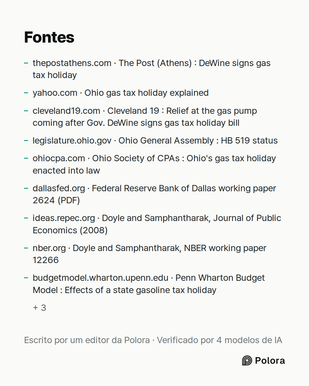 Fontes 12 : thepostathens.com · The Post (Athens) : DeWine signs gas tax holiday, yahoo.com · Ohio gas tax holiday explained, cleveland19.com · Cleveland 19 : Relief at the gas pump coming after Gov. DeWine signs gas tax holiday bill + 9