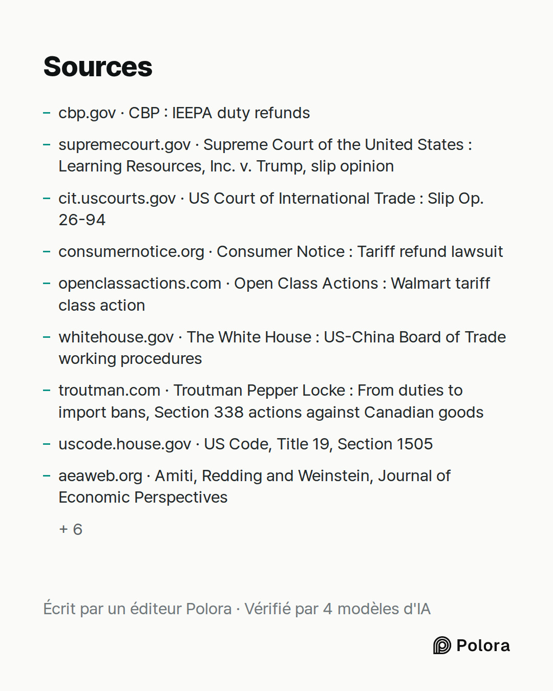 Sources 15 : cbp.gov · CBP : IEEPA duty refunds, supremecourt.gov · Supreme Court of the United States : Learning Resources, Inc. v. Trump, slip opinion, cit.uscourts.gov · US Court of International Trade : Slip Op. 26-94 + 12