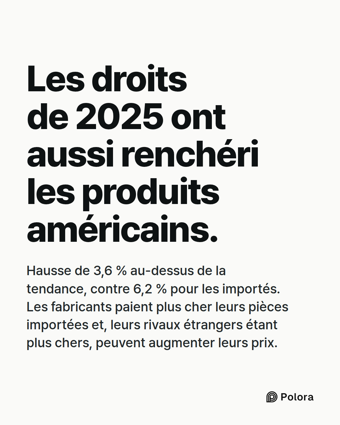Les droits de 2025 ont aussi renchéri les produits américains. · Hausse de 3,6 % au-dessus de la tendance, contre 6,2 % pour les importés. Les fabricants paient plus cher leurs pièces importées et, leurs rivaux étrangers étant plus chers, peuvent augmenter leurs prix.