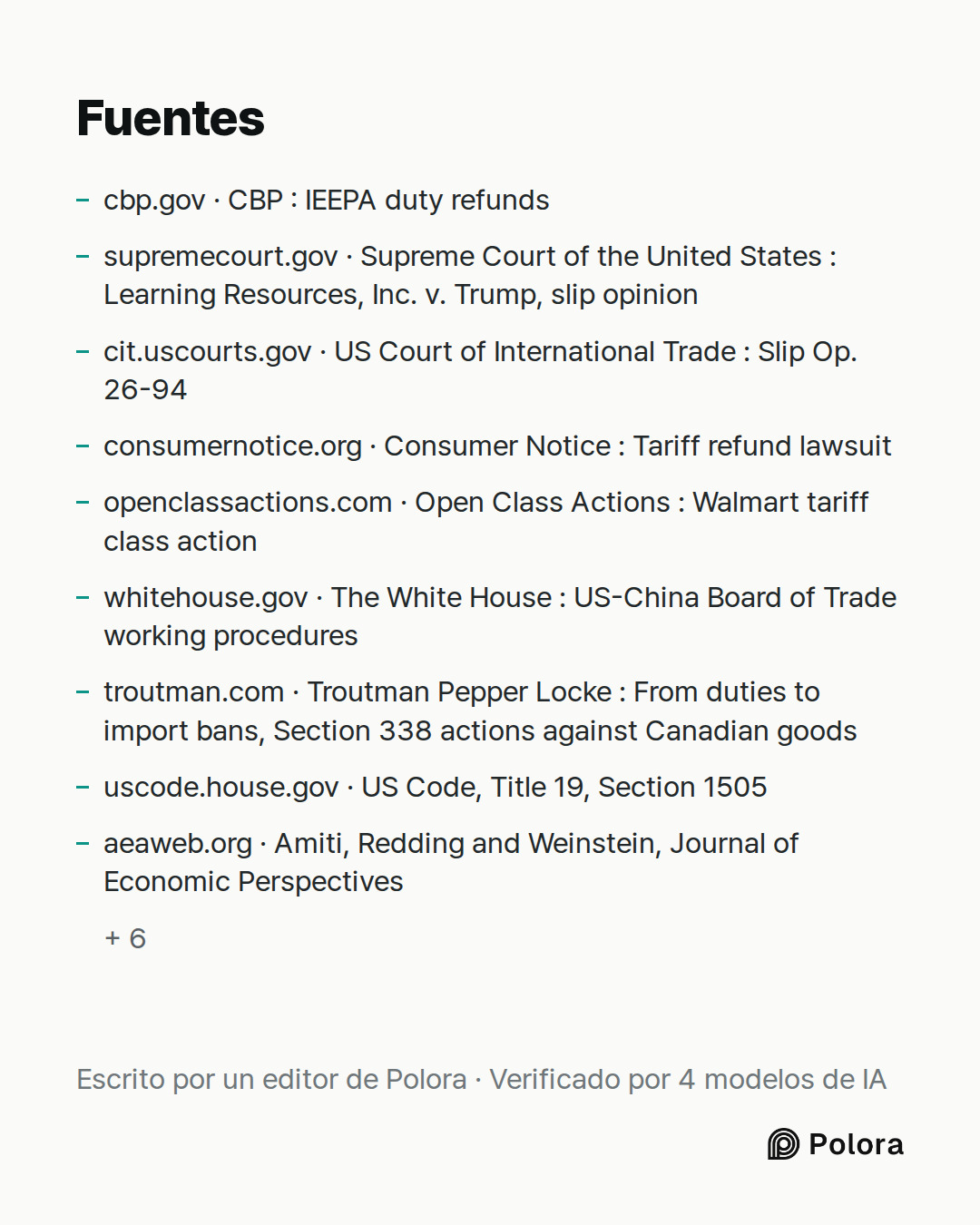 Fuentes 15 : cbp.gov · CBP : IEEPA duty refunds, supremecourt.gov · Supreme Court of the United States : Learning Resources, Inc. v. Trump, slip opinion, cit.uscourts.gov · US Court of International Trade : Slip Op. 26-94 + 12