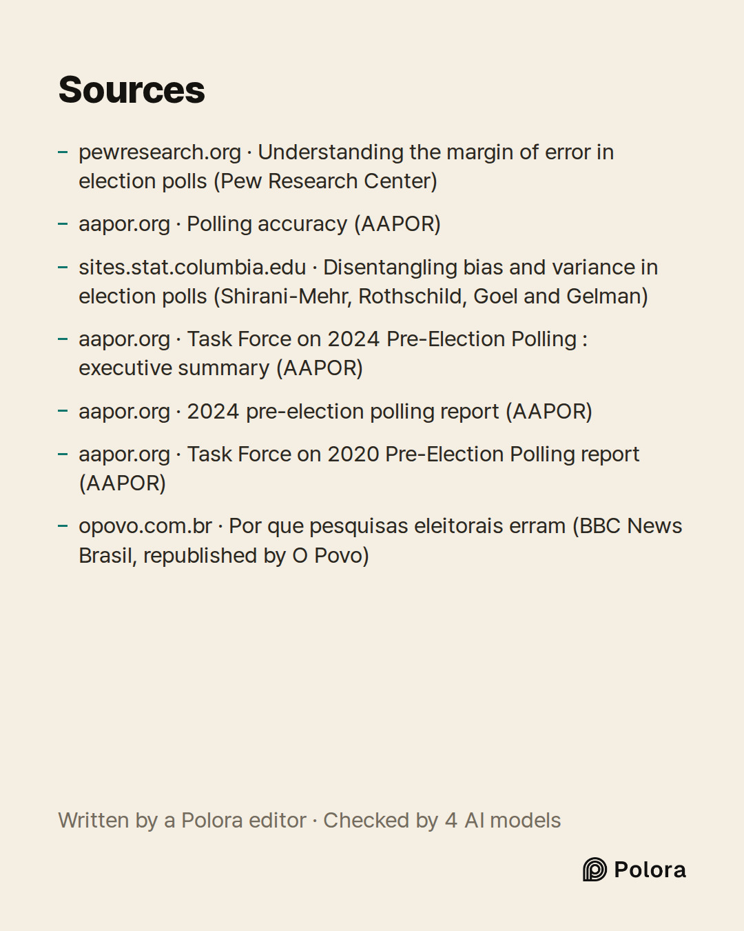 Sources 7 : pewresearch.org · Understanding the margin of error in election polls (Pew Research Center), aapor.org · Polling accuracy (AAPOR), sites.stat.columbia.edu · Disentangling bias and variance in election polls (Shirani-Mehr, Rothschild, Goel and Gelman) + 4