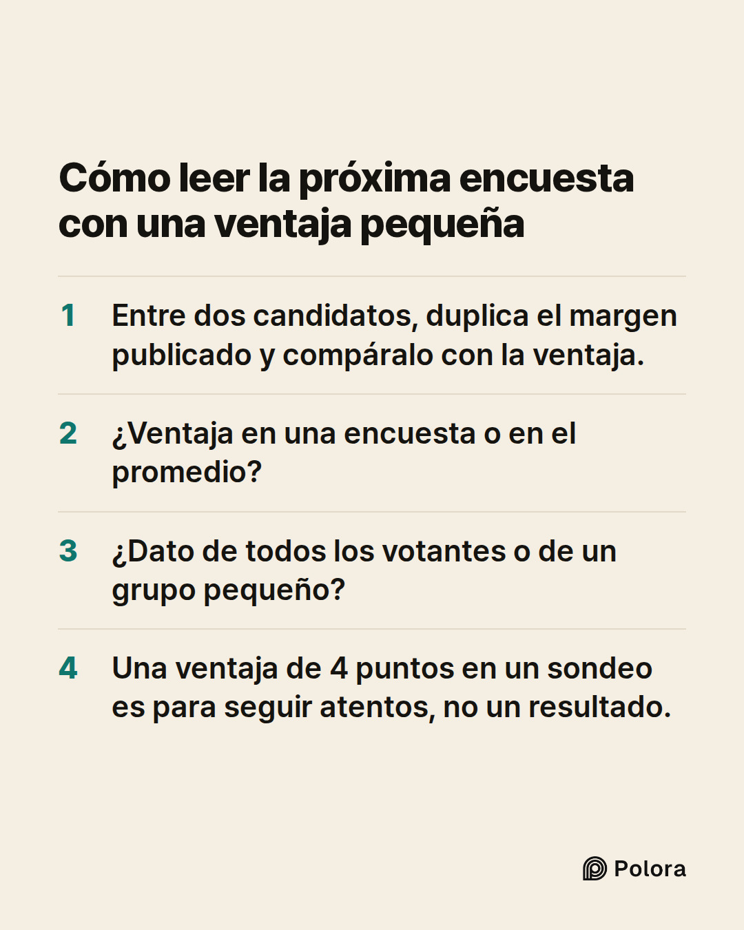 Cómo leer la próxima encuesta con una ventaja pequeña · Entre dos candidatos, duplica el margen publicado y compáralo con la ventaja. · ¿Ventaja en una encuesta o en el promedio? · ¿Dato de todos los votantes o de un grupo pequeño? · Una ventaja de 4 puntos en un sondeo es para seguir atentos, no un