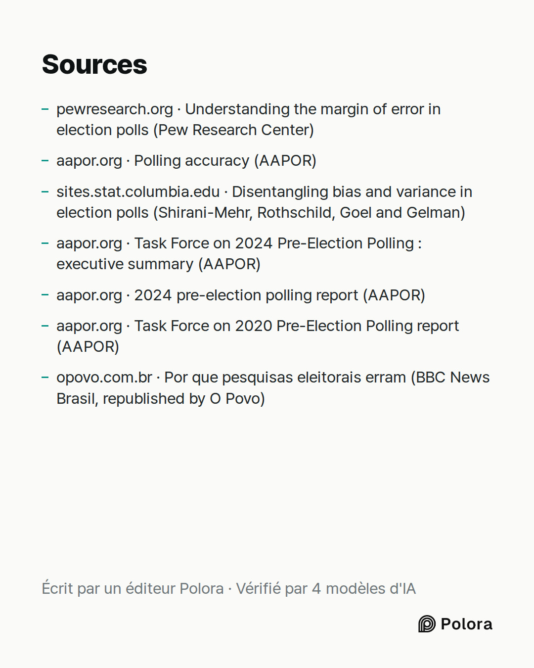 Sources 7 : pewresearch.org · Understanding the margin of error in election polls (Pew Research Center), aapor.org · Polling accuracy (AAPOR), sites.stat.columbia.edu · Disentangling bias and variance in election polls (Shirani-Mehr, Rothschild, Goel and Gelman) + 4