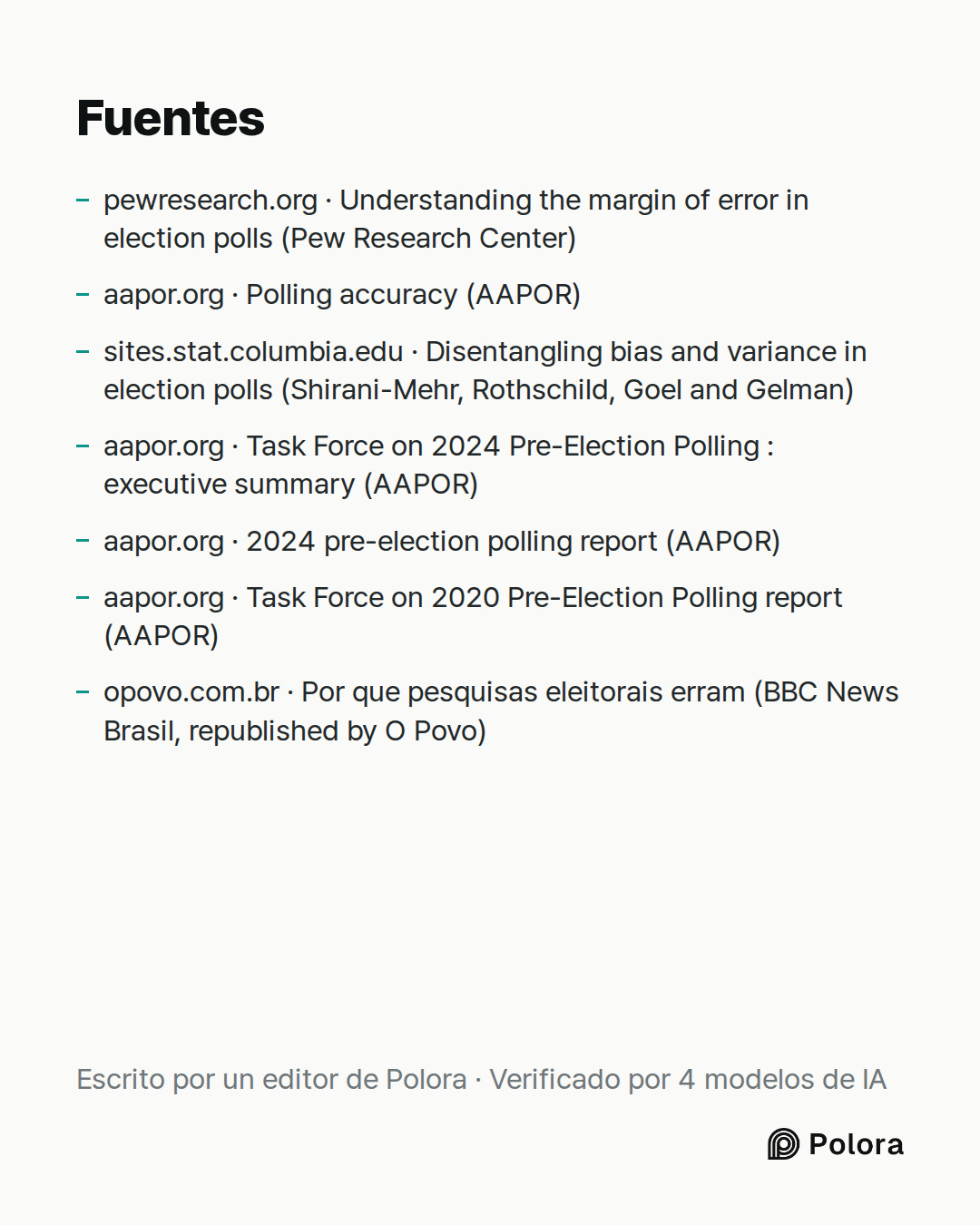 Fuentes 7 : pewresearch.org · Understanding the margin of error in election polls (Pew Research Center), aapor.org · Polling accuracy (AAPOR), sites.stat.columbia.edu · Disentangling bias and variance in election polls (Shirani-Mehr, Rothschild, Goel and Gelman) + 4