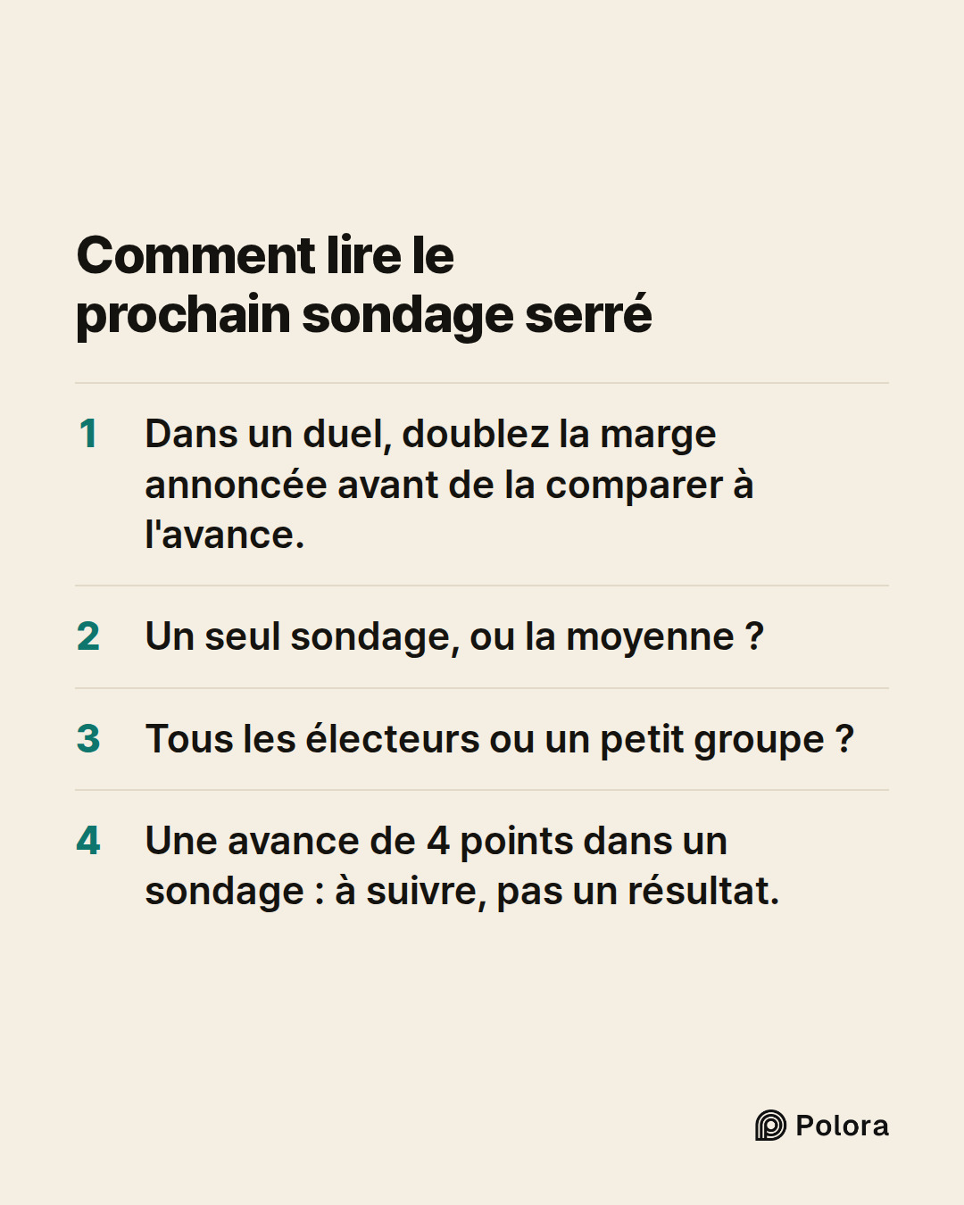 Comment lire le prochain sondage serré · Dans un duel, doublez la marge annoncée avant de la comparer à l'avance. · Un seul sondage, ou la moyenne ? · Tous les électeurs ou un petit groupe ? · Une avance de 4 points dans un sondage : à suivre, pas un résultat.