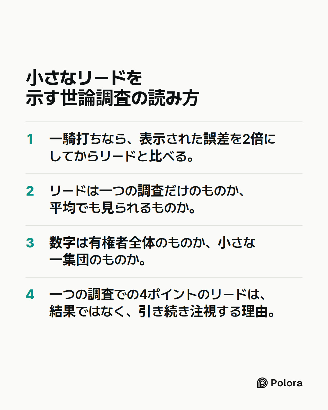 小さなリードを示す世論調査の読み方 · 一騎打ちなら、表示された誤差を2倍にしてからリードと比べる。 · リードは一つの調査だけのものか、平均でも見られるものか。 · 数字は有権者全体のものか、小さな一集団のものか。 · 一つの調査での4ポイントのリードは、結果ではなく、引き続き注視する理由。