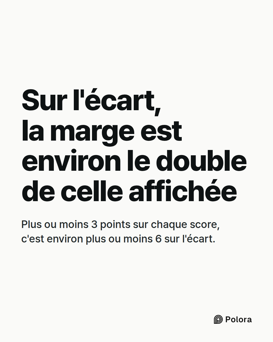 Sur l'écart, la marge est environ le double de celle affichée · Plus ou moins 3 points sur chaque score, c'est environ plus ou moins 6 sur l'écart.