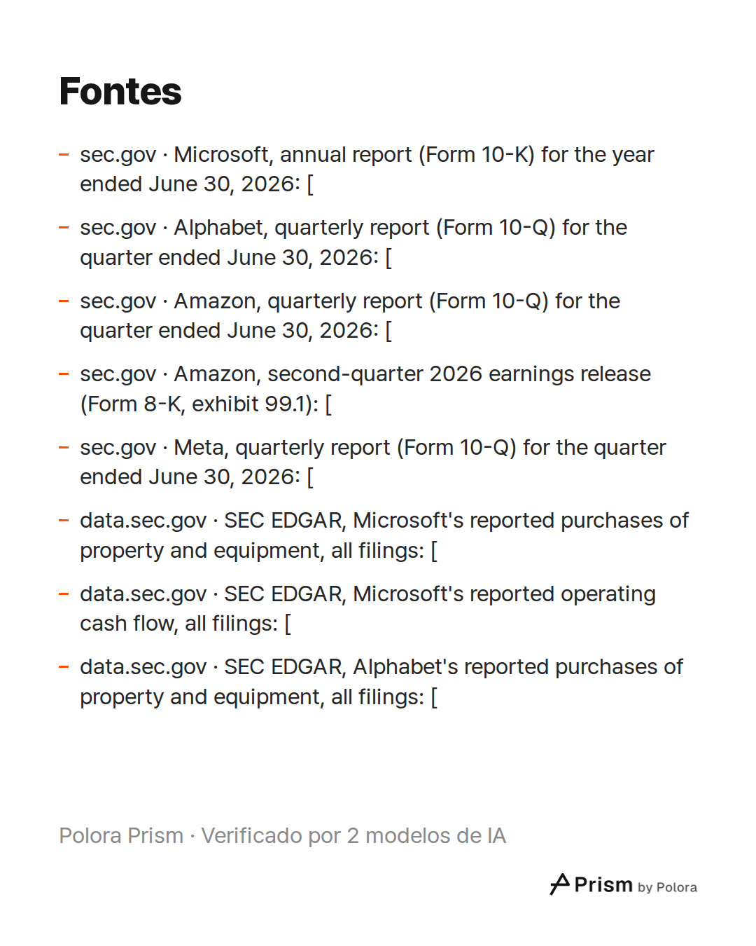 Fontes 8 : sec.gov · Microsoft, annual report (Form 10-K) for the year ended June 30, 2026: [, sec.gov · Alphabet, quarterly report (Form 10-Q) for the quarter ended June 30, 2026: [, sec.gov · Amazon, quarterly report (Form 10-Q) for the quarter ended June 30, 2026: [ + 5
