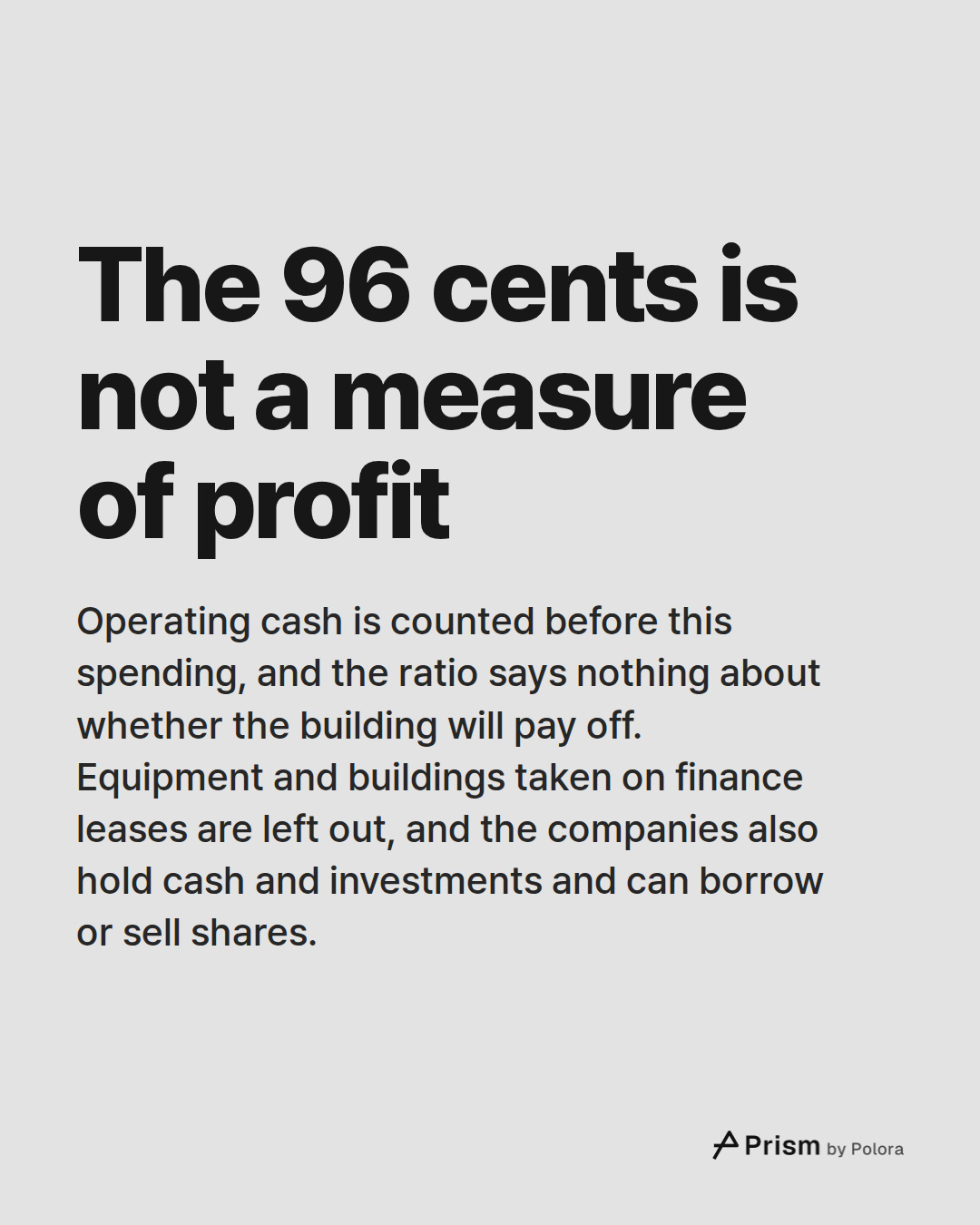 The 96 cents is not a measure of profit · Operating cash is counted before this spending, and the ratio says nothing about whether the building will pay off. Equipment and buildings taken on finance leases are left out, and the companies also hold cash and investments and can borrow or sell shares.