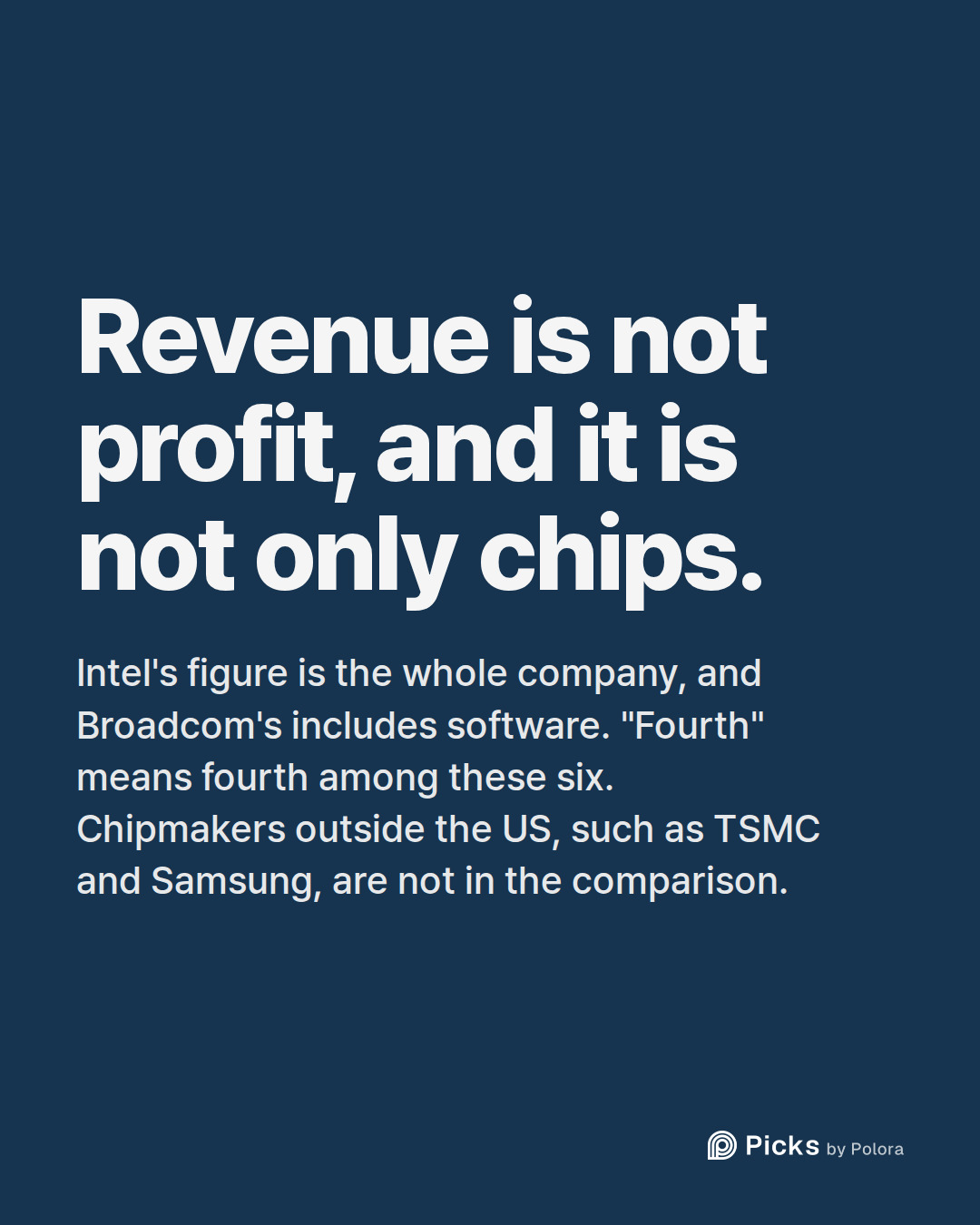 Revenue is not profit, and it is not only chips. · Intel's figure is the whole company, and Broadcom's includes software. "Fourth" means fourth among these six. Chipmakers outside the US, such as TSMC and Samsung, are not in the comparison.