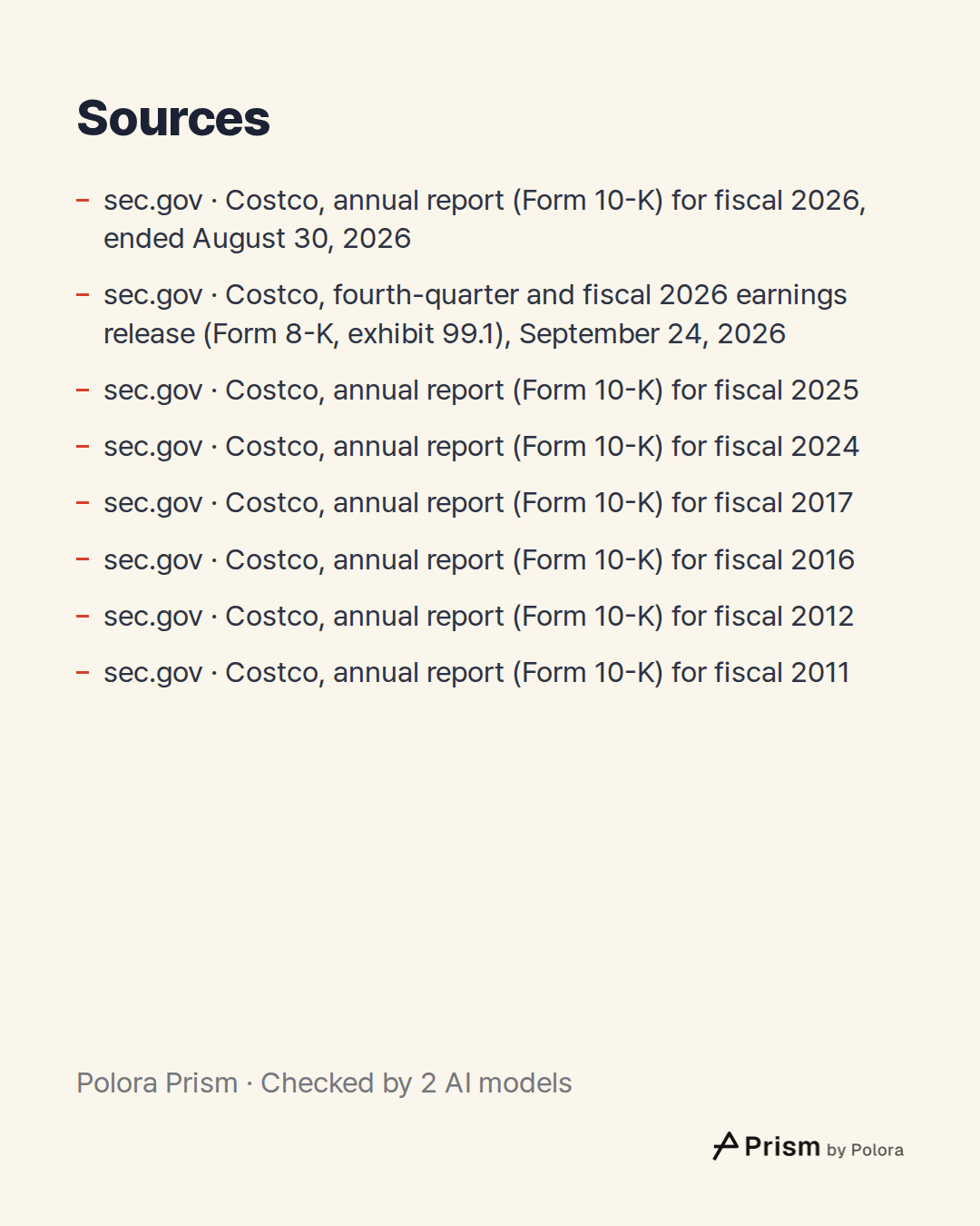 Sources 8 : sec.gov · Costco, annual report (Form 10-K) for fiscal 2026, ended August 30, 2026, sec.gov · Costco, fourth-quarter and fiscal 2026 earnings release (Form 8-K, exhibit 99.1), September 24, 2026, sec.gov · Costco, annual report (Form 10-K) for fiscal 2025 + 5