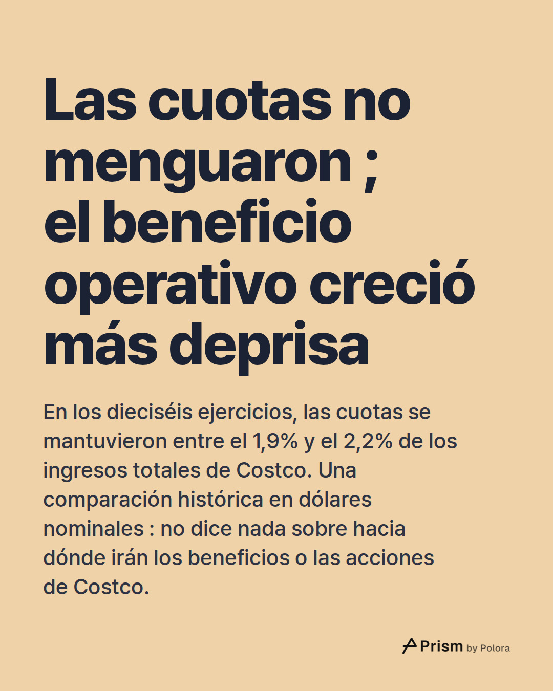 Las cuotas no menguaron ; el beneficio operativo creció más deprisa · En los dieciséis ejercicios, las cuotas se mantuvieron entre el 1,9% y el 2,2% de los ingresos totales de Costco. Una comparación histórica en dólares nominales : no dice nada sobre hacia dónde irán los beneficios o las acciones d
