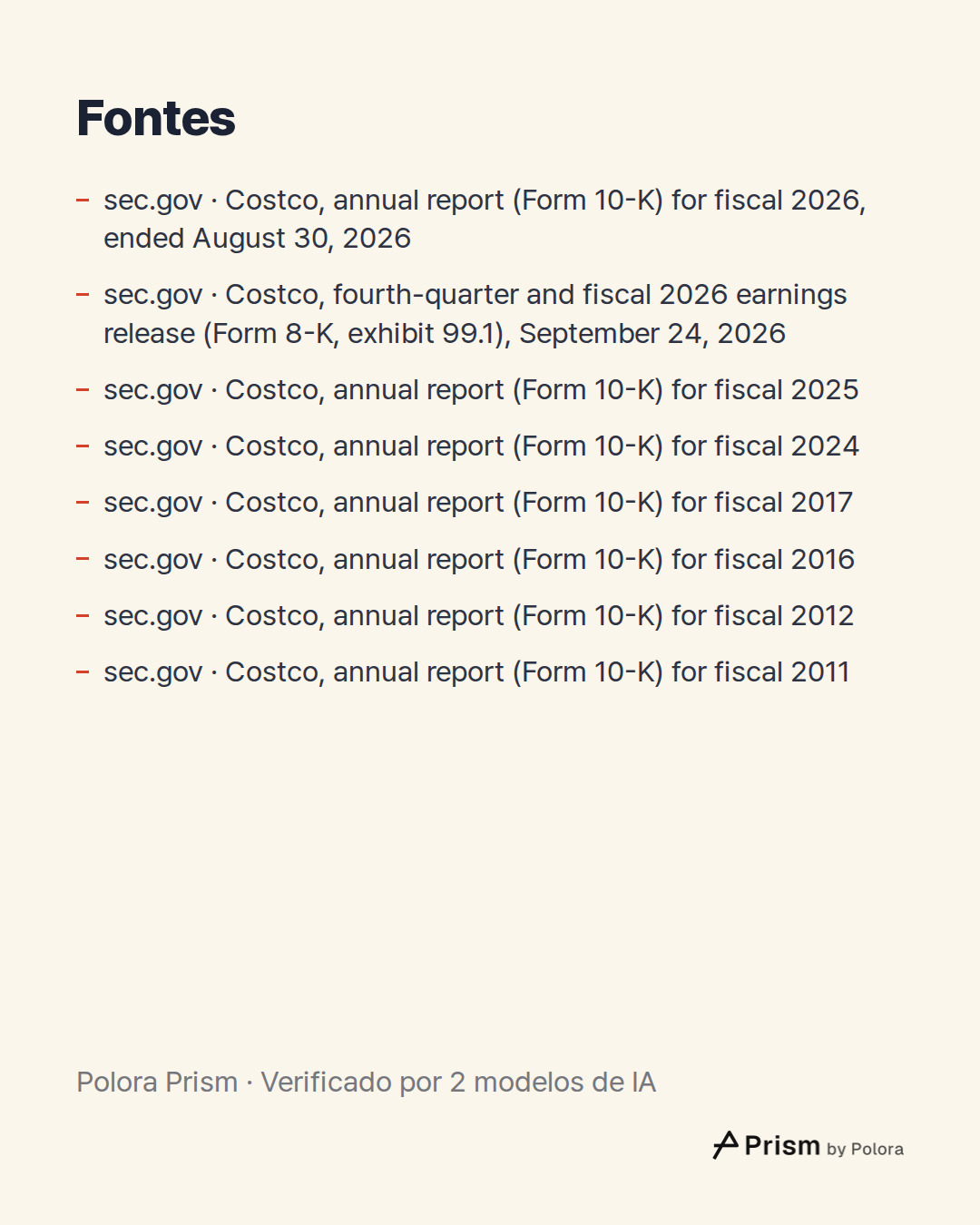 Fontes 8 : sec.gov · Costco, annual report (Form 10-K) for fiscal 2026, ended August 30, 2026, sec.gov · Costco, fourth-quarter and fiscal 2026 earnings release (Form 8-K, exhibit 99.1), September 24, 2026, sec.gov · Costco, annual report (Form 10-K) for fiscal 2025 + 5