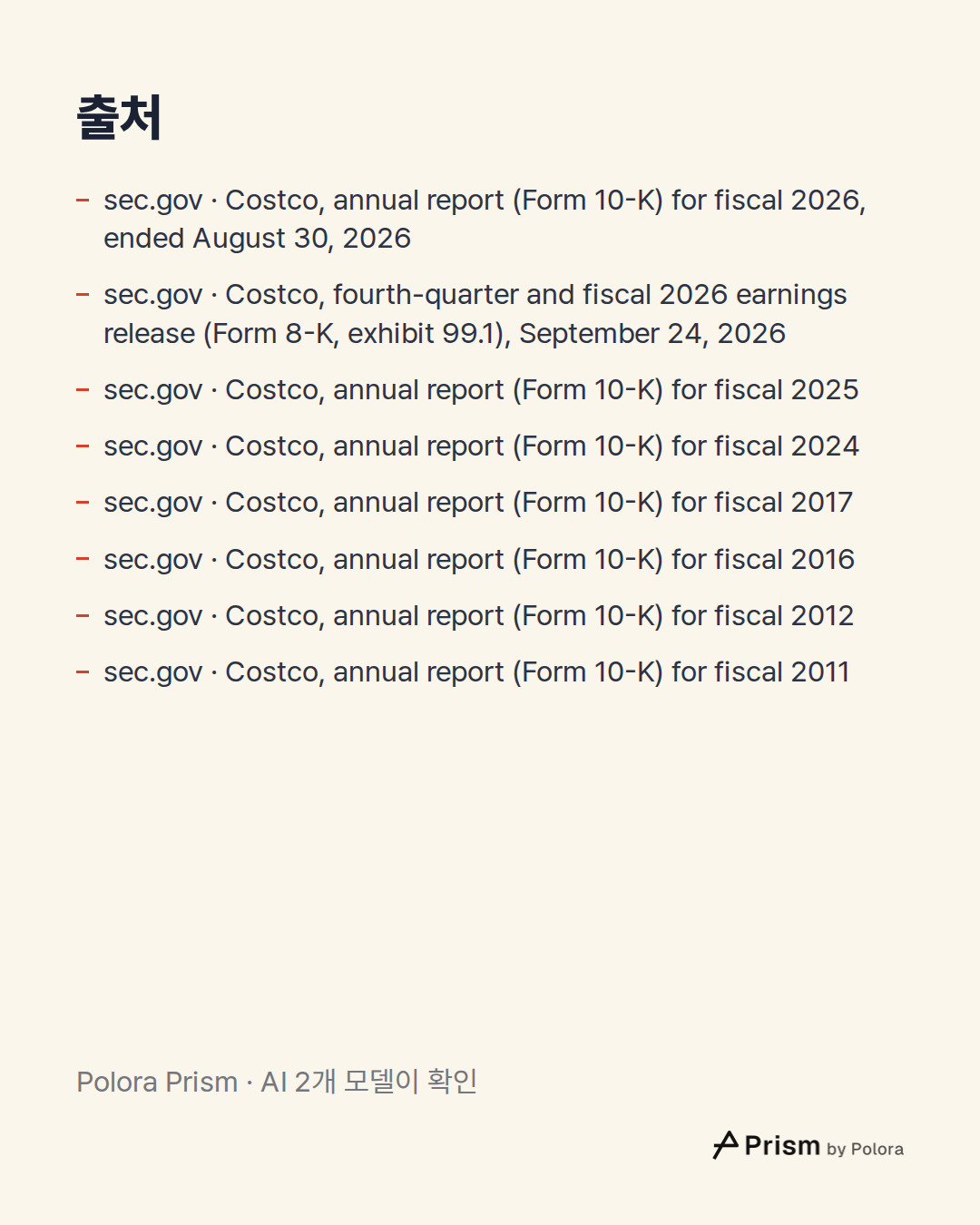 출처 8 : sec.gov · Costco, annual report (Form 10-K) for fiscal 2026, ended August 30, 2026, sec.gov · Costco, fourth-quarter and fiscal 2026 earnings release (Form 8-K, exhibit 99.1), September 24, 2026, sec.gov · Costco, annual report (Form 10-K) for fiscal 2025 + 5